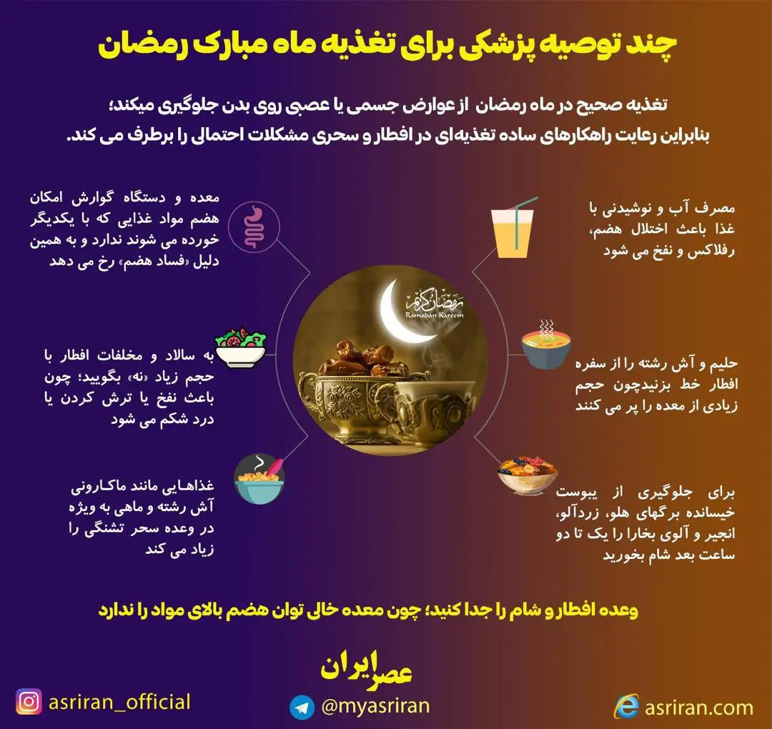 چند توصیه پزشکی برای تغذیه در ماه مبارک رمضان + اینفوگرافی