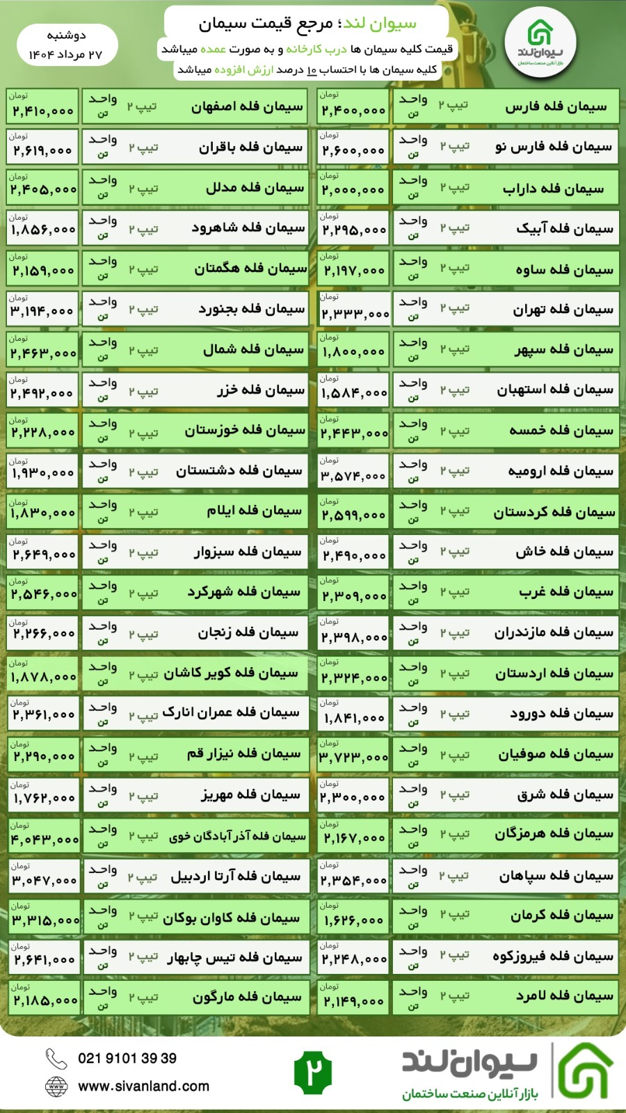 قیمت جدید سیمان دوشنبه ۲۷ مرداد ماه اعلام شد