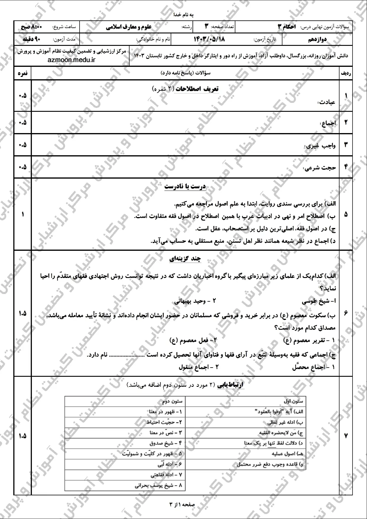 سوالات امتحان نهایی احکام دوازدهم مرداد شهریور ۱۴۰۳ + پاسخنامه