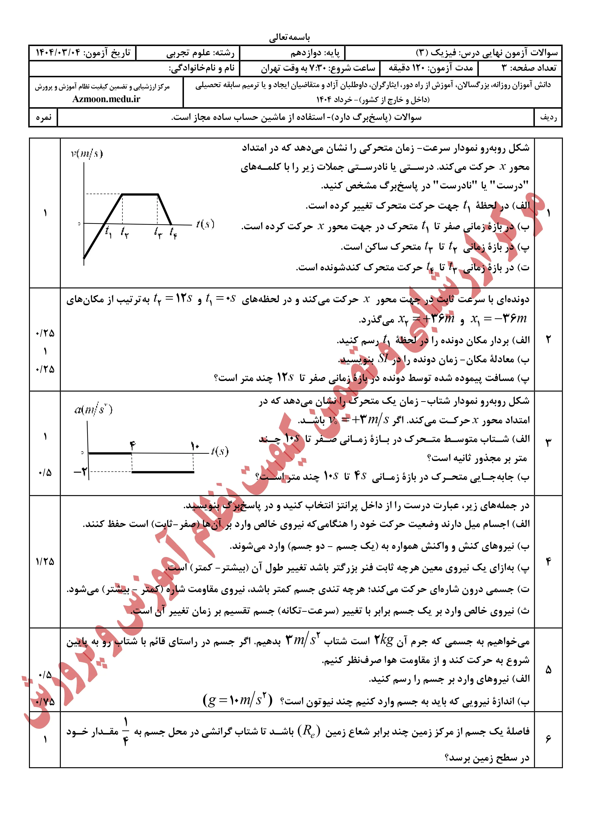 سوالات امتحان نهایی فیزیک دوازدهم تجربی خرداد ۱۴۰۴ + پاسخنامه