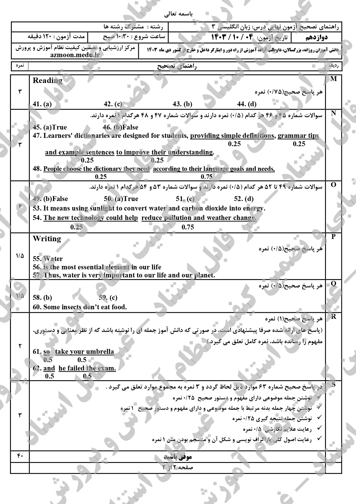 سوالات امتحان نهایی زبان انگلیسی دوازدهم دی ماه ۱۴۰۳ + پاسخنامه (ریاضی و تجربی و انسانی و معارف) 