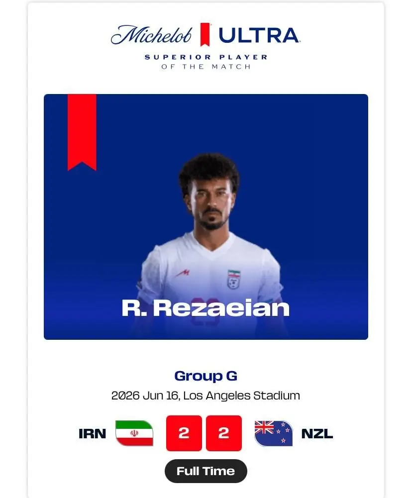 رضاییان بهترین بازیکن دیدار ایران - نیوزیلند