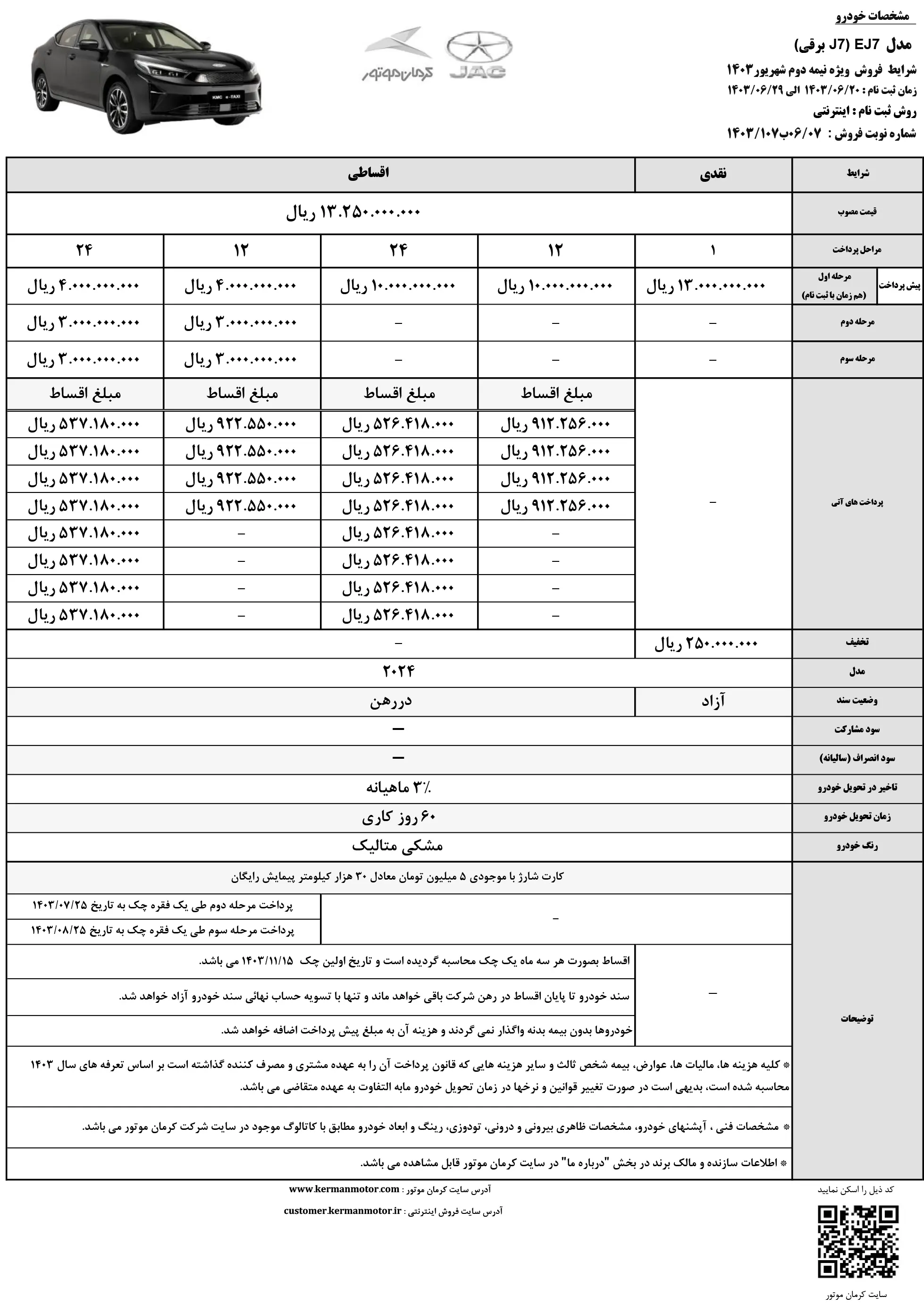 کرمان موتورقیمت J7 برقی به صورت نقدی و اقساطی را اعلام کرد