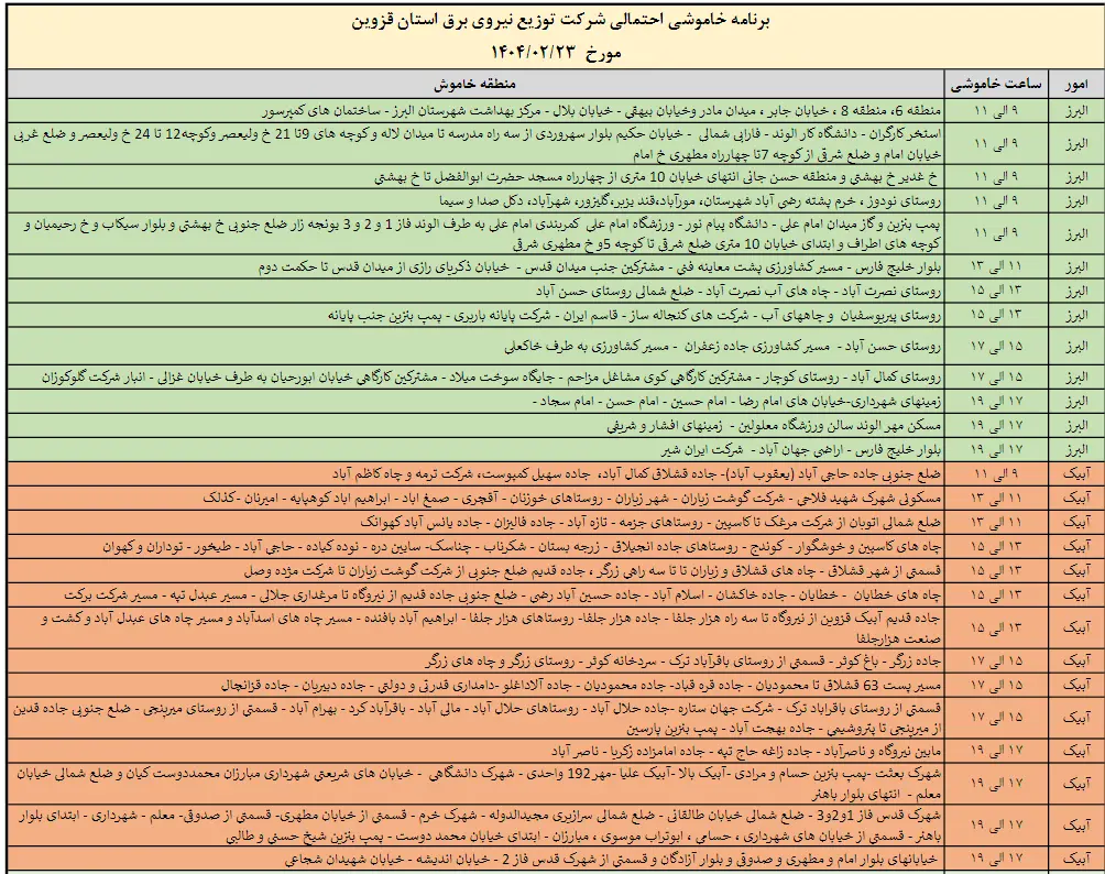 جدول خاموشی‌های 23 اردیبهشت در قزوین اعلام شد