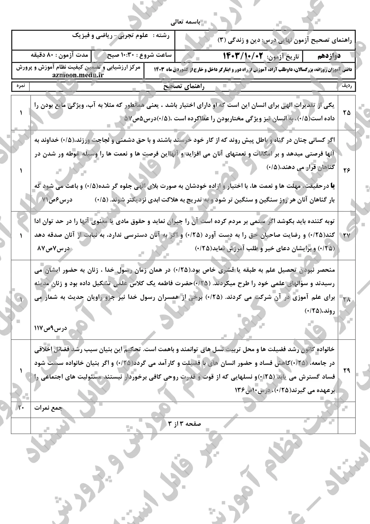 سوالات امتحان نهایی دین و زندگی دوازدهم تجربی و ریاضی دی ماه ۱۴۰۳ + پاسخنامه