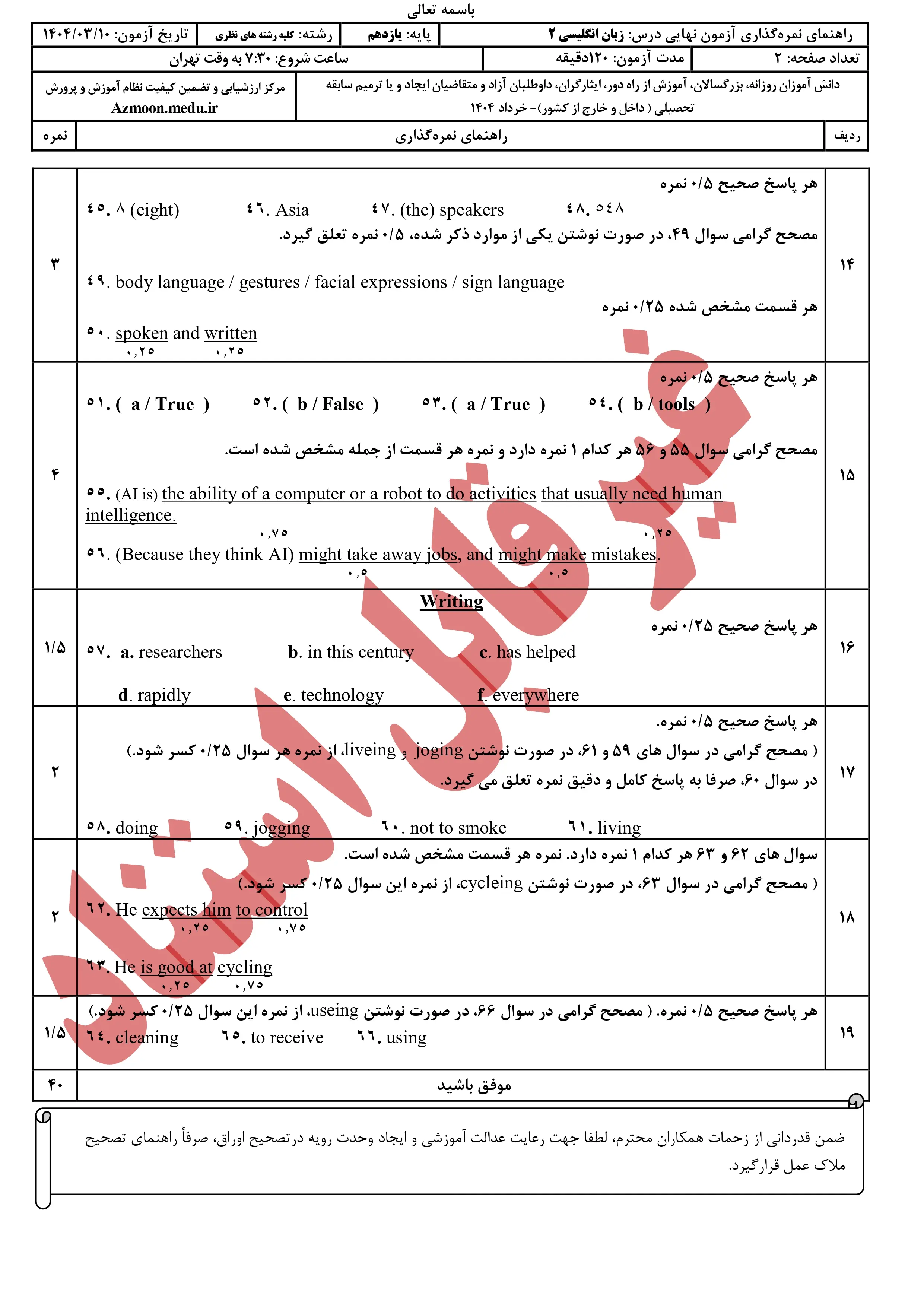 سوالات امتحان نهایی زبان انگلیسی یازدهم خرداد ۱۴۰۴ + پاسخنامه