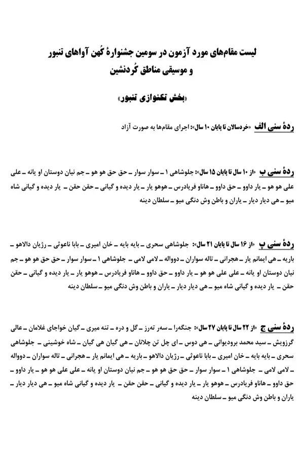 فهرست و مقام‌های جشنواره کهن‌ آواهای تنبور منتشر شد