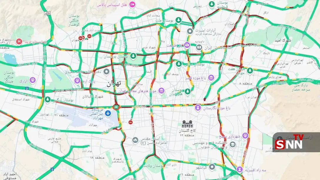 نقشه ترافیکی تهران پس از بارش برف و باران