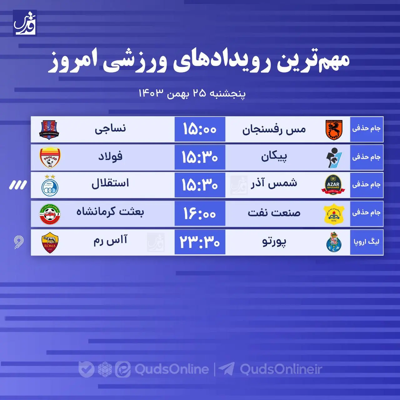 مهم‌ترین رویدادهای ورزشی امروز - پنجشنبه ۲۵ بهمن‌ماه