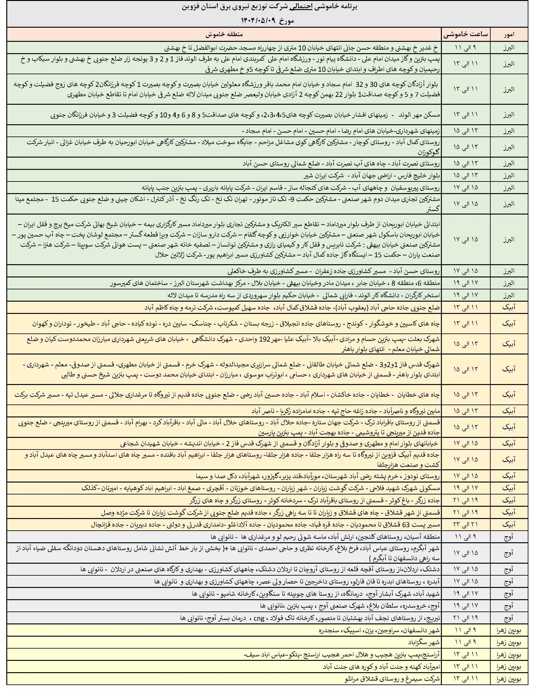 جدول خاموشی‌های قزوین در ۹ مرداد منتشر شد