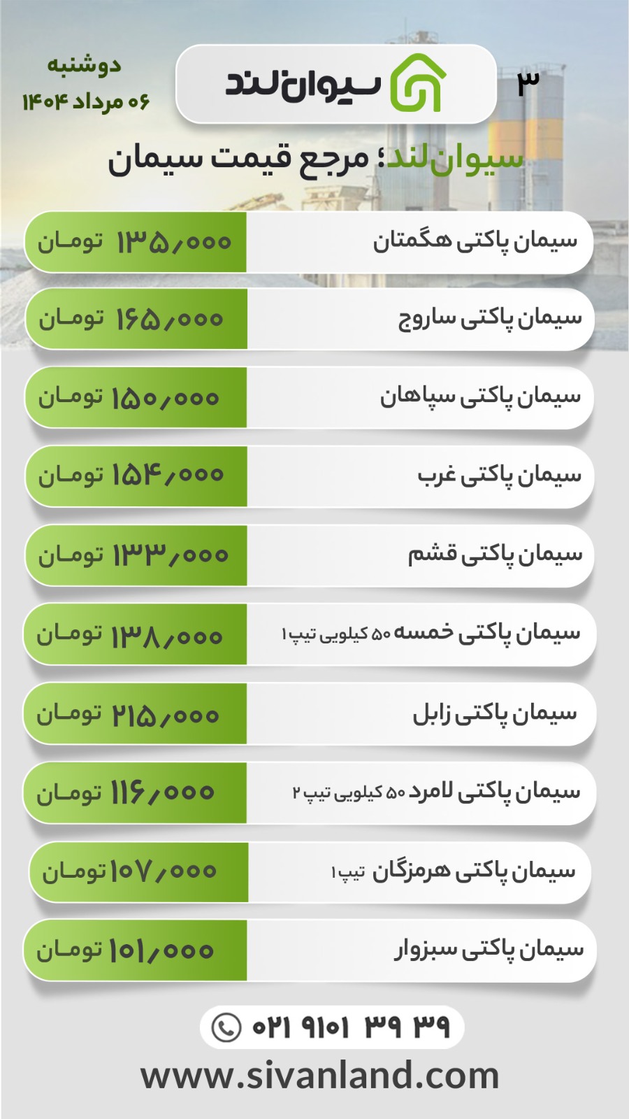 قیمت جدید سیمان اعلام شد(دوشنبه 6 مرداد 1404) / تغییرات اندک بازار