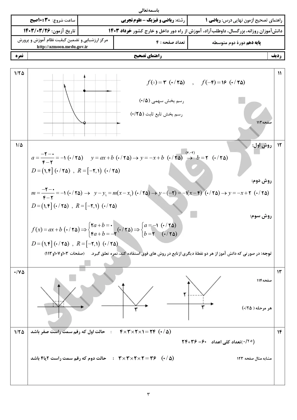 پاسخنامه تشریحی امتحان نهایی ریاضی دهم ریاضی و تجربی خرداد ۱۴۰۳