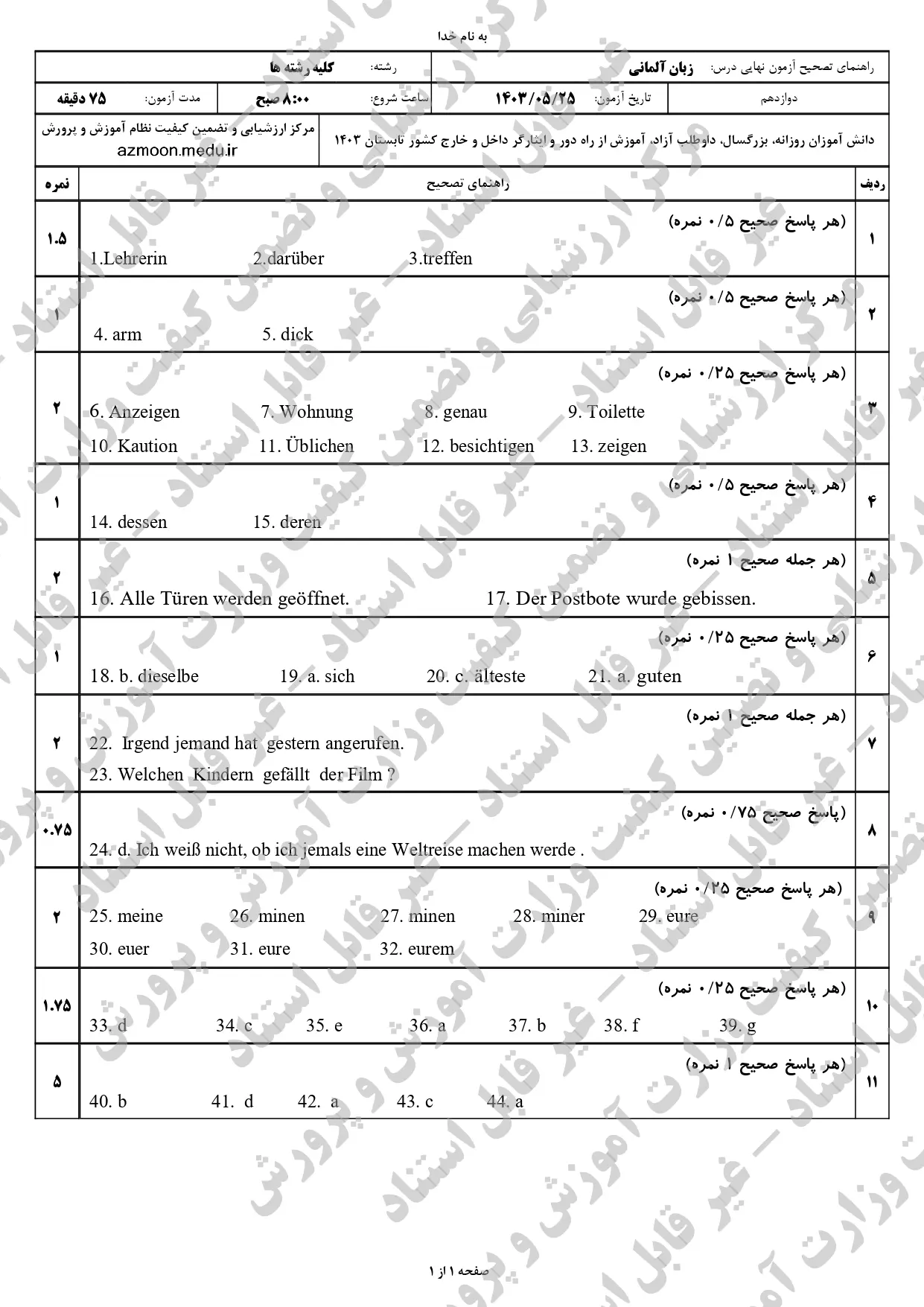 سوالات امتحان نهایی زبان آلمانی دوازدهم مرداد شهریور ۱۴۰۳ + پاسخنامه