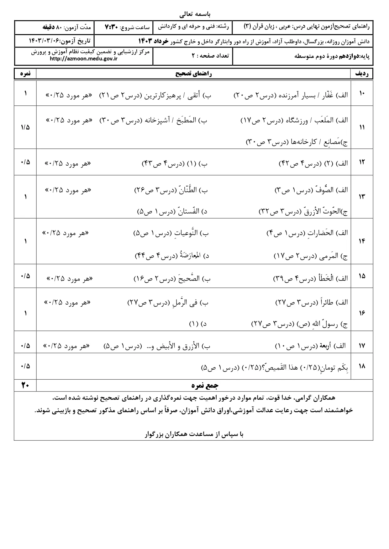 پاسخنامه تشریحی امتحان نهایی عربی دوازدهم خرداد ۱۴۰۳ (فنی حرفه ای – کاردانش)