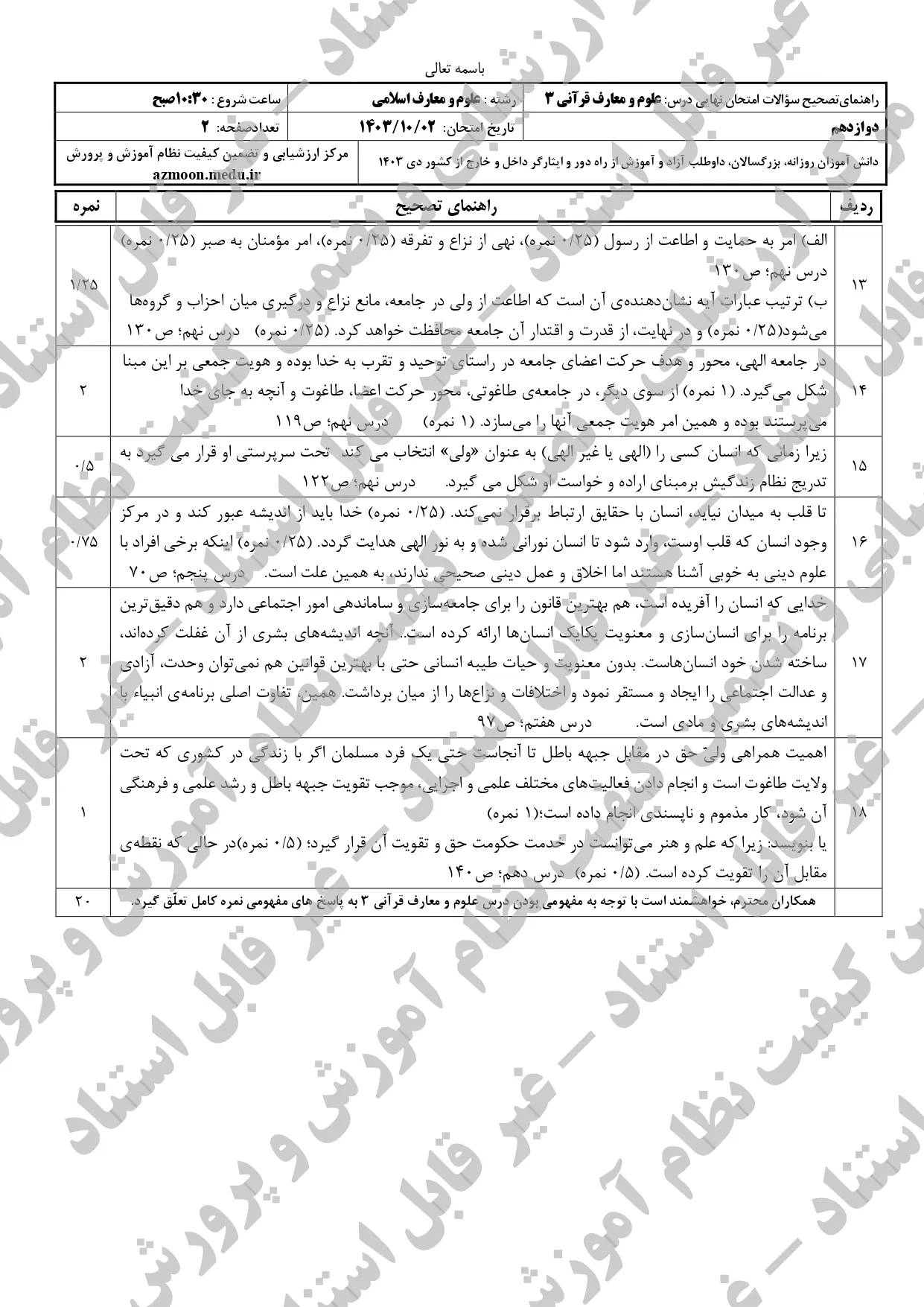 سوالات امتحان نهایی دین و زندگی دوازدهم معارف دی ماه ۱۴۰۳ + پاسخنامه