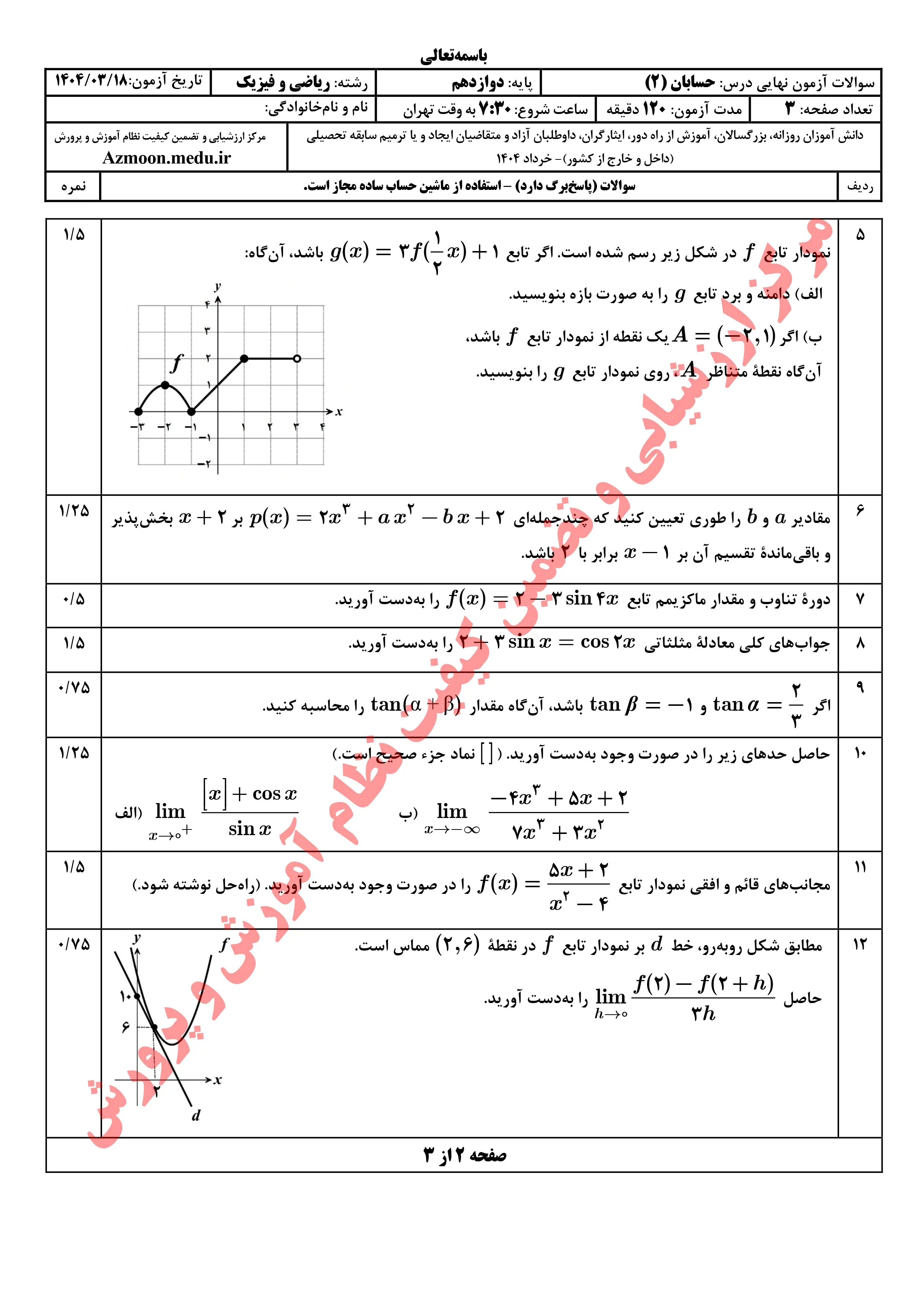 سوالات امتحان نهایی حسابان دوازدهم خرداد ۱۴۰۴ + پاسخنامه