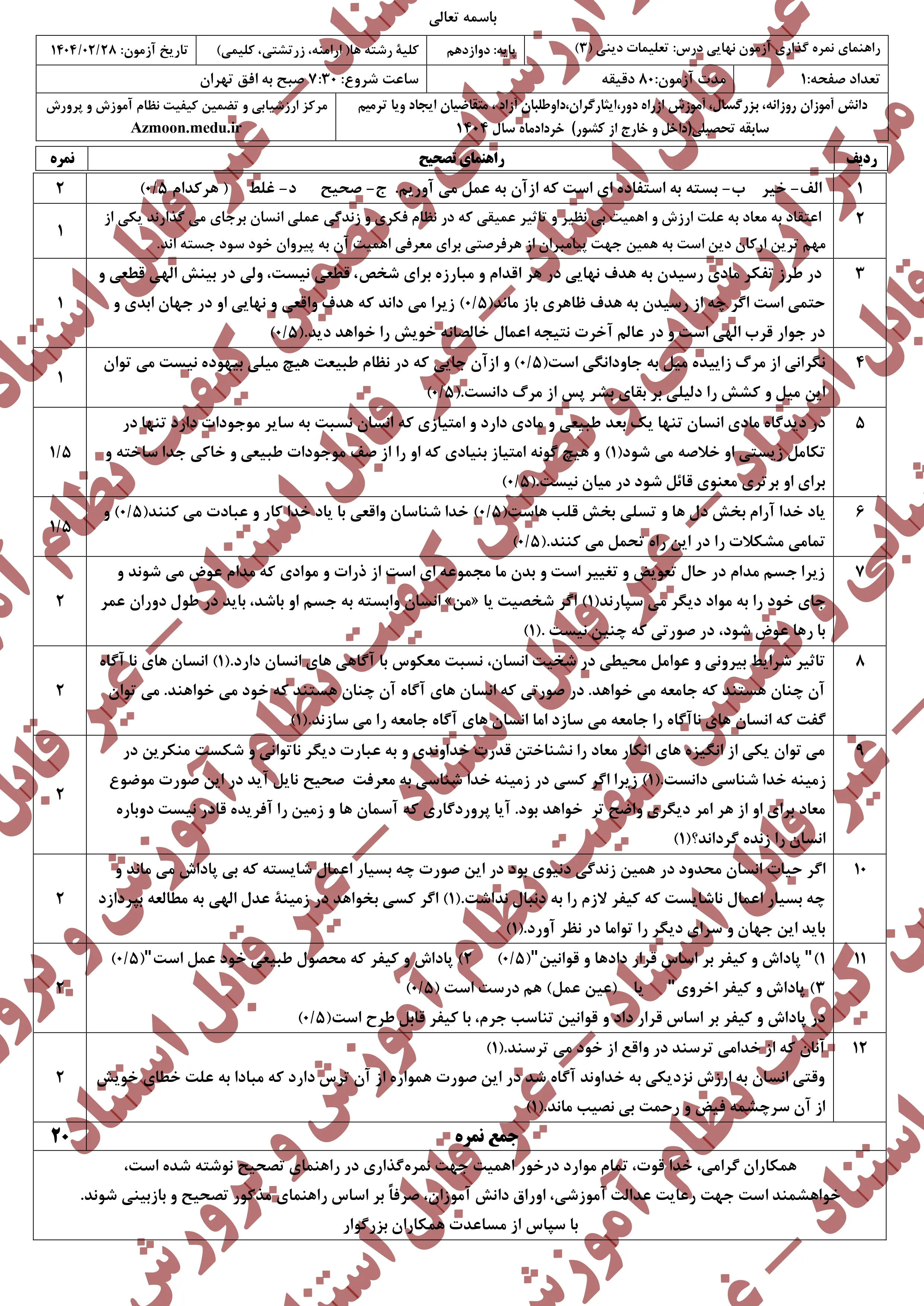 سوالات امتحان نهایی دین و زندگی دوازدهم خرداد ۱۴۰۴ + اقلیت های ارامنه، زرتشتی، کلیمی + پاسخنامه