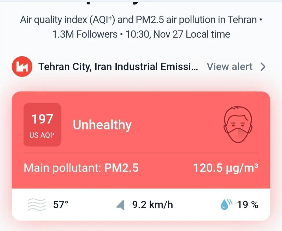 شاخص آلودگی هوای تهران به ۱۹۷ رسید + عکس