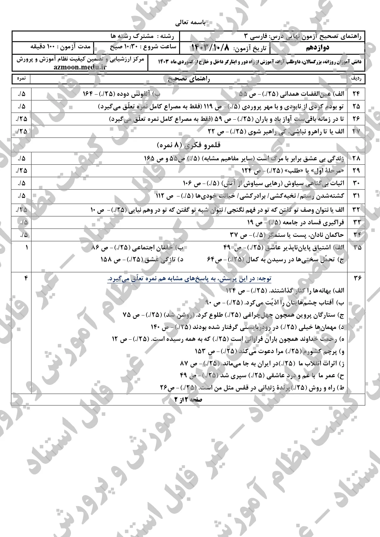 پاسخنامه تشریحی امتحان نهایی فارسی دوازدهم دی ماه ۱۴۰۳