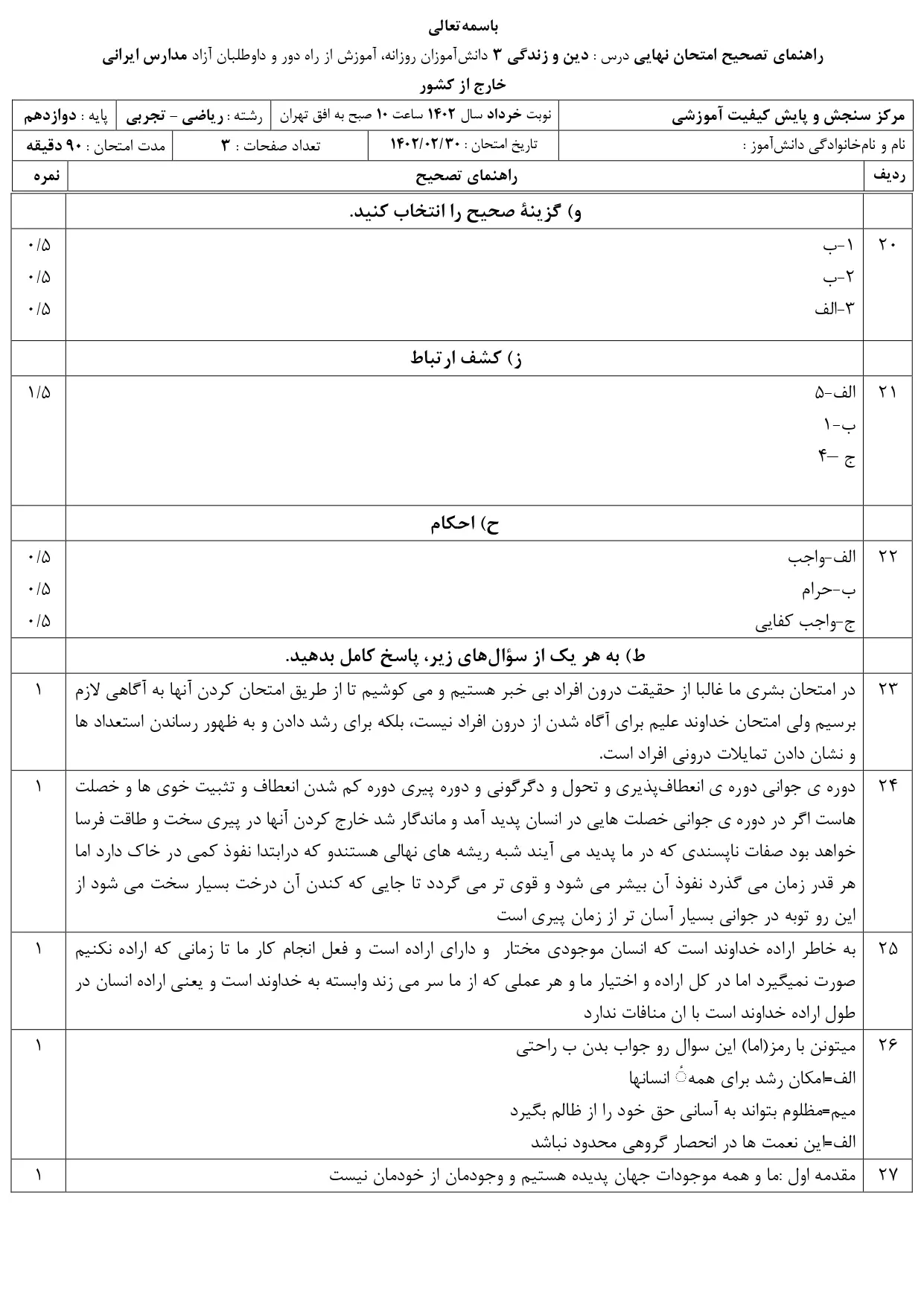 سوالات امتحان نهایی دینی پایه دوازدهم تجربی و ریاضی خارج از کشور خرداد ۱۴۰۳ + با پاسخنامه