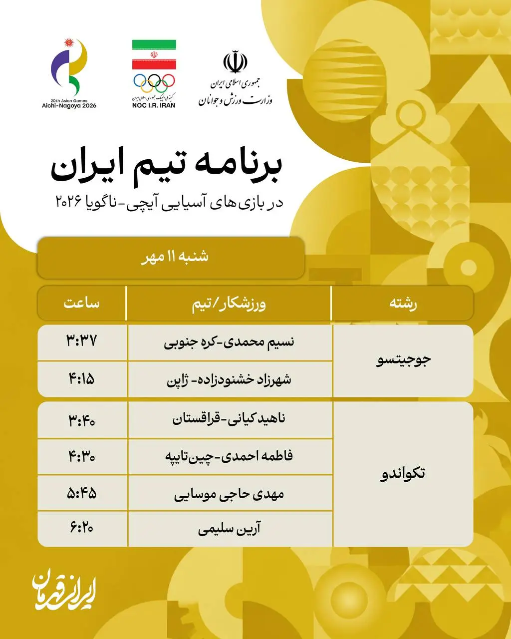 برنامه روز چهاردهم و پایانی نمایندگان ایران در بازی های آسیایی ناگویا