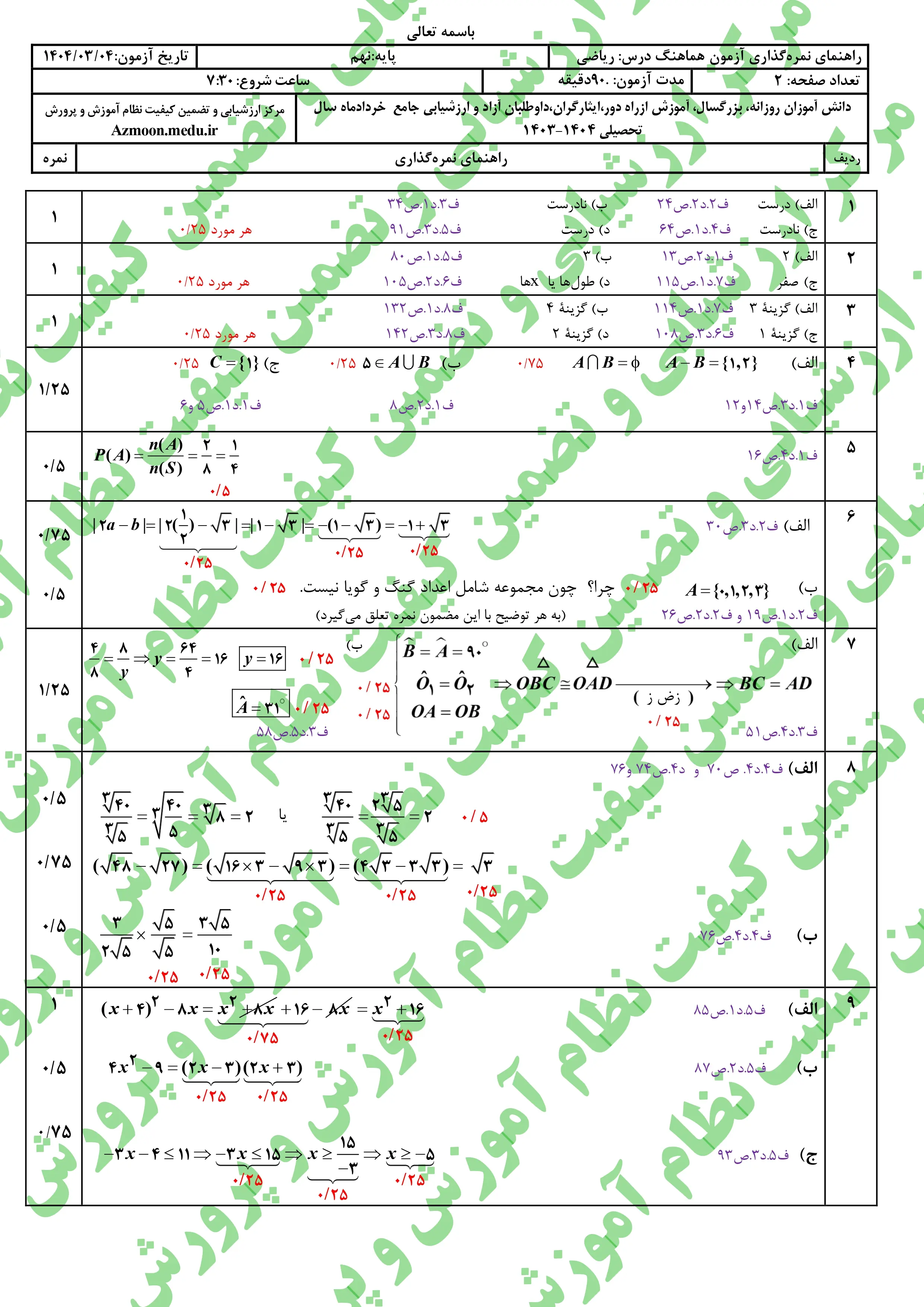 سوالات امتحان نهایی ریاضی پایه نهم خرداد ۱۴۰۴ + پاسخنامه (نوبت صبح)