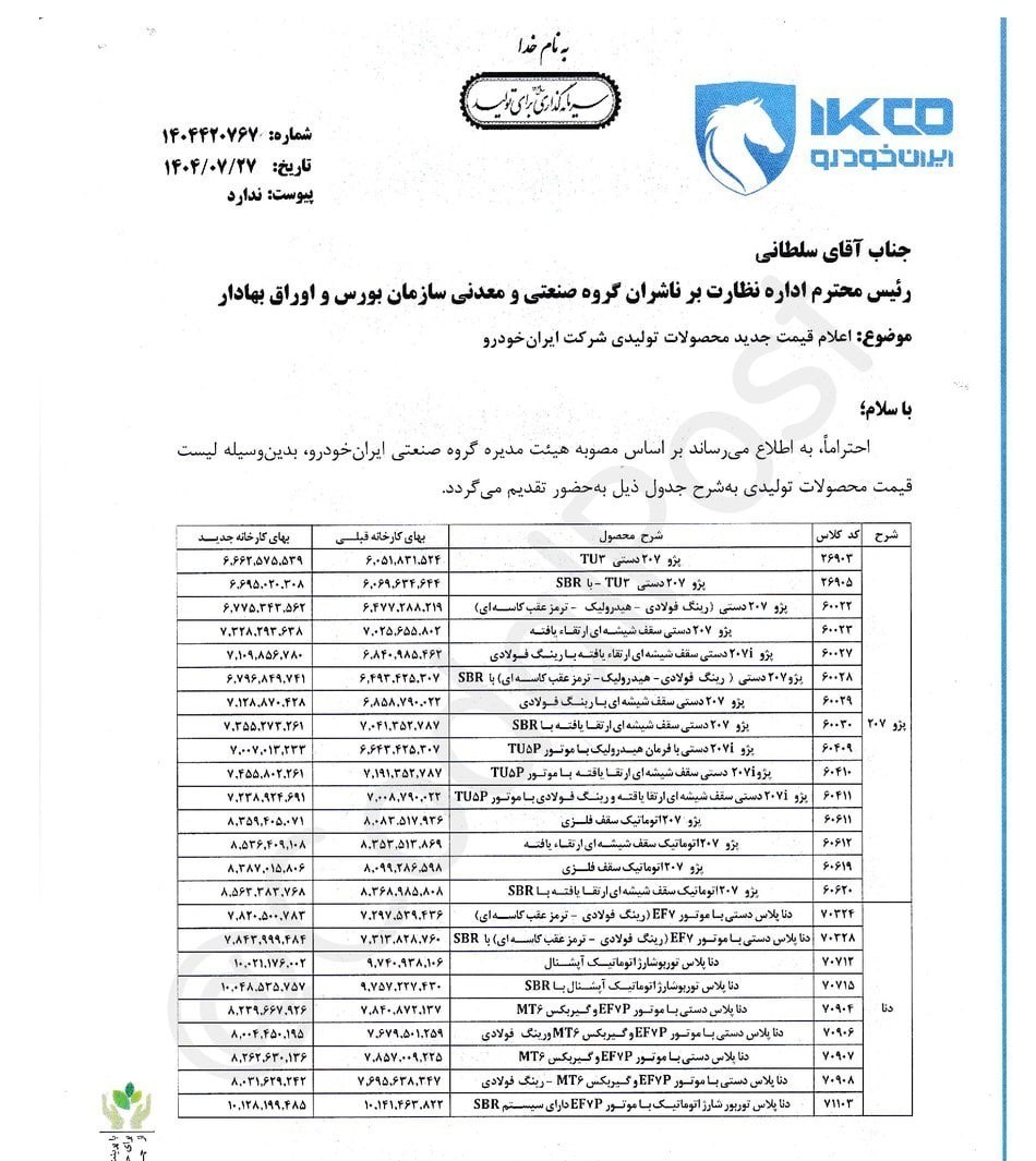 قیمت محصولات ایران خودرو افزایش یافت + جزئیات