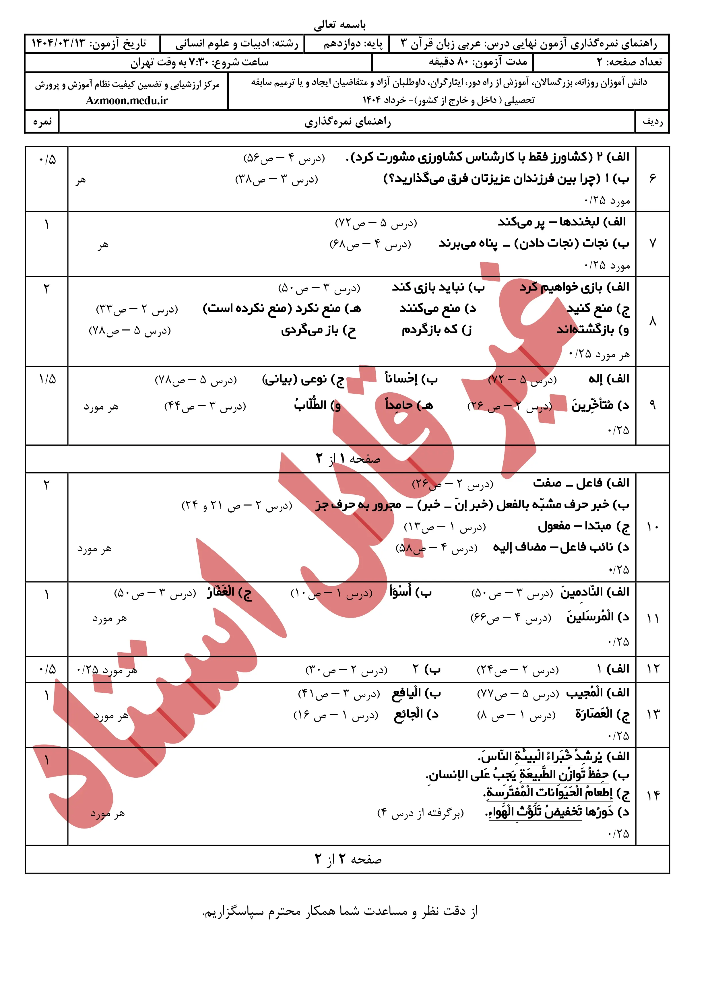 سوالات امتحان نهایی عربی دوازدهم خرداد ۱۴۰۴ + پاسخنامه (انسانی)