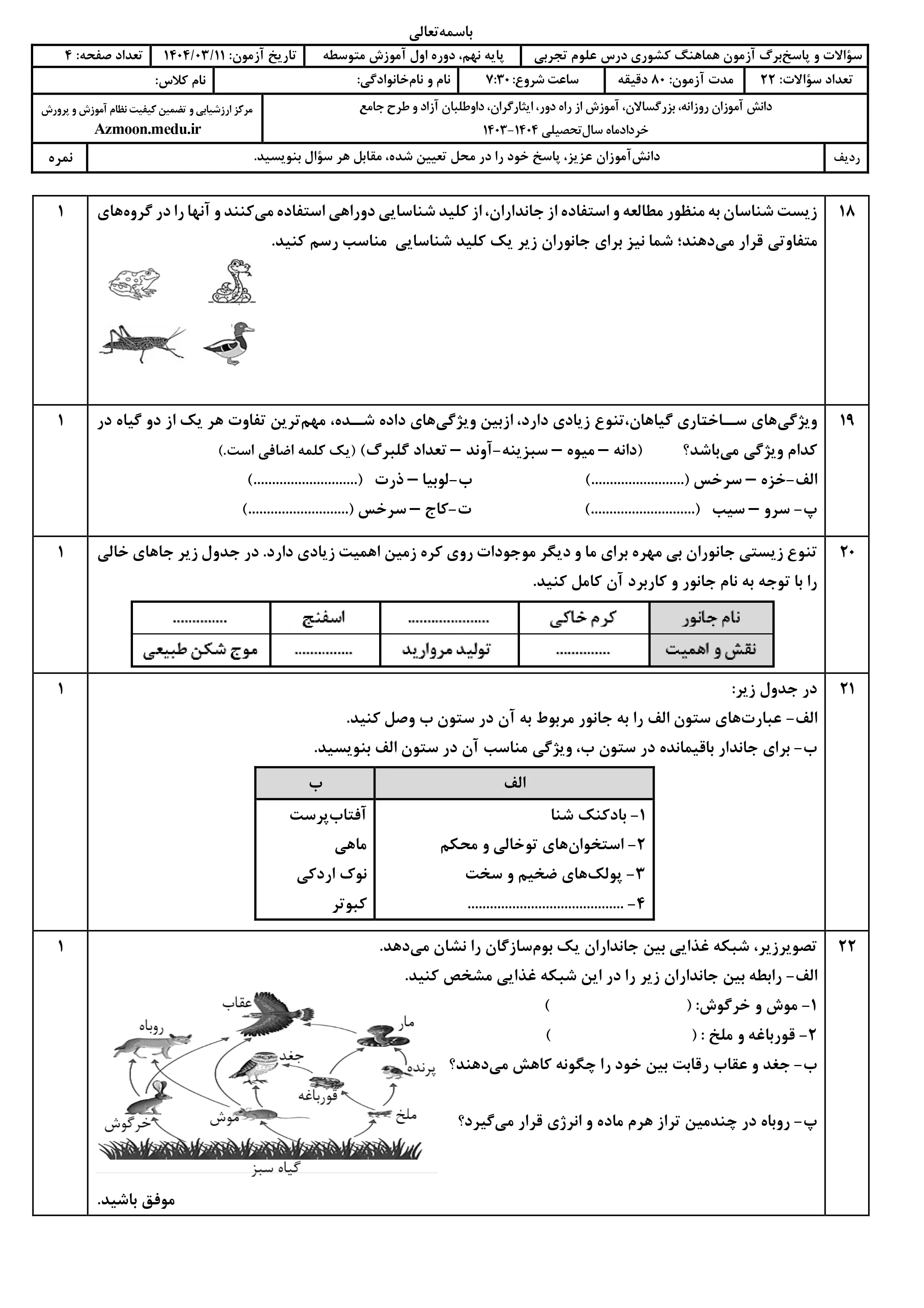 سوالات امتحان نهایی علوم تجربی پایه نهم خرداد ۱۴۰۴ + پاسخنامه (نوبت صبح)