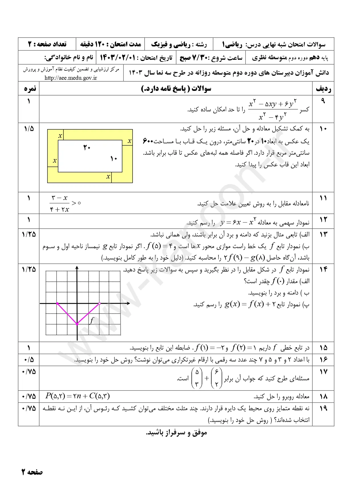 سوالات امتحان شبه نهایی ریاضی دهم ۱۴۰۳ با پاسخنامه تشریحی (نوبت صبح)