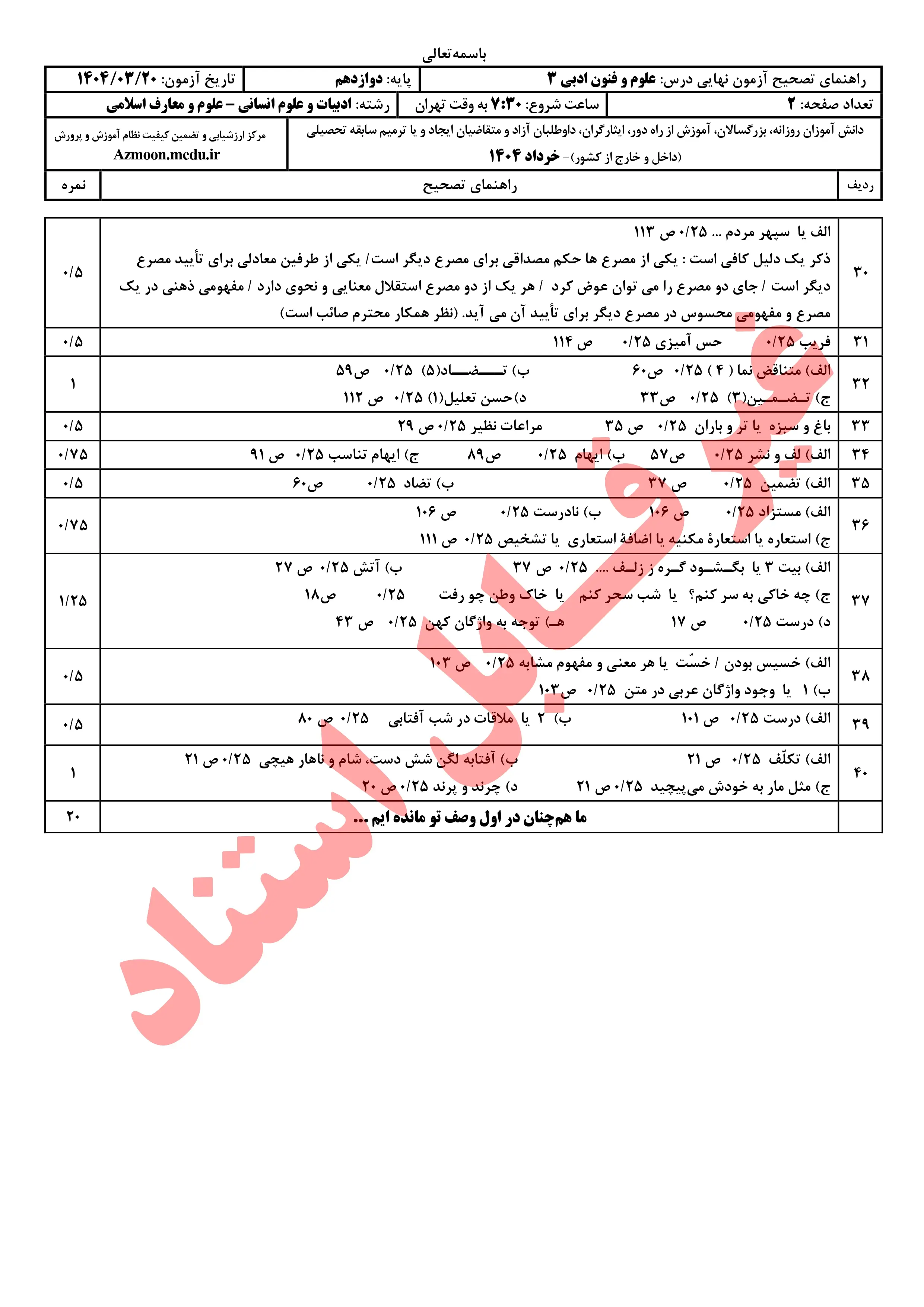 سوالات امتحان نهایی علوم و فنون ادبی دوازدهم خرداد ۱۴۰۴ + پاسخنامه
