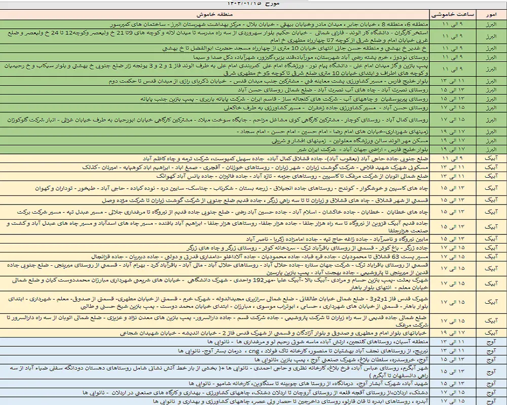 جدول خاموشی‌های 25 اردیبهشت در قزوین منتشر شد