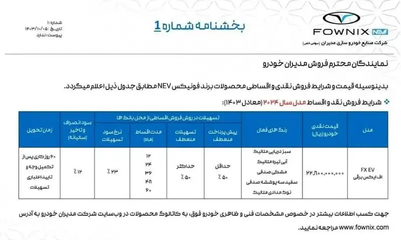 شرایط فروش خودرو فونیکس اف ایکس برقی شنبه ۸ دی ۱۴۰۳