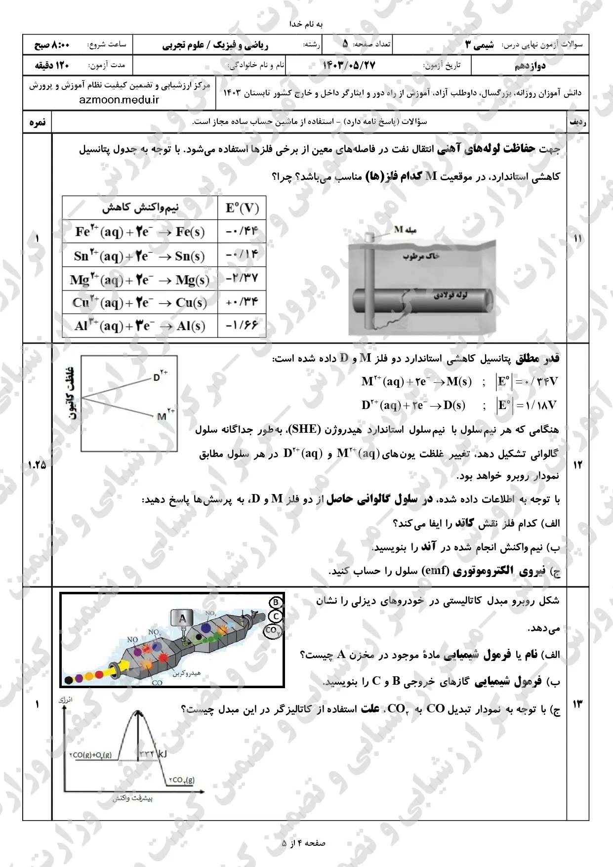 سوالات امتحان نهایی شیمی دوازدهم تجربی و ریاضی مرداد شهریور ۱۴۰۳ + پاسخنامه