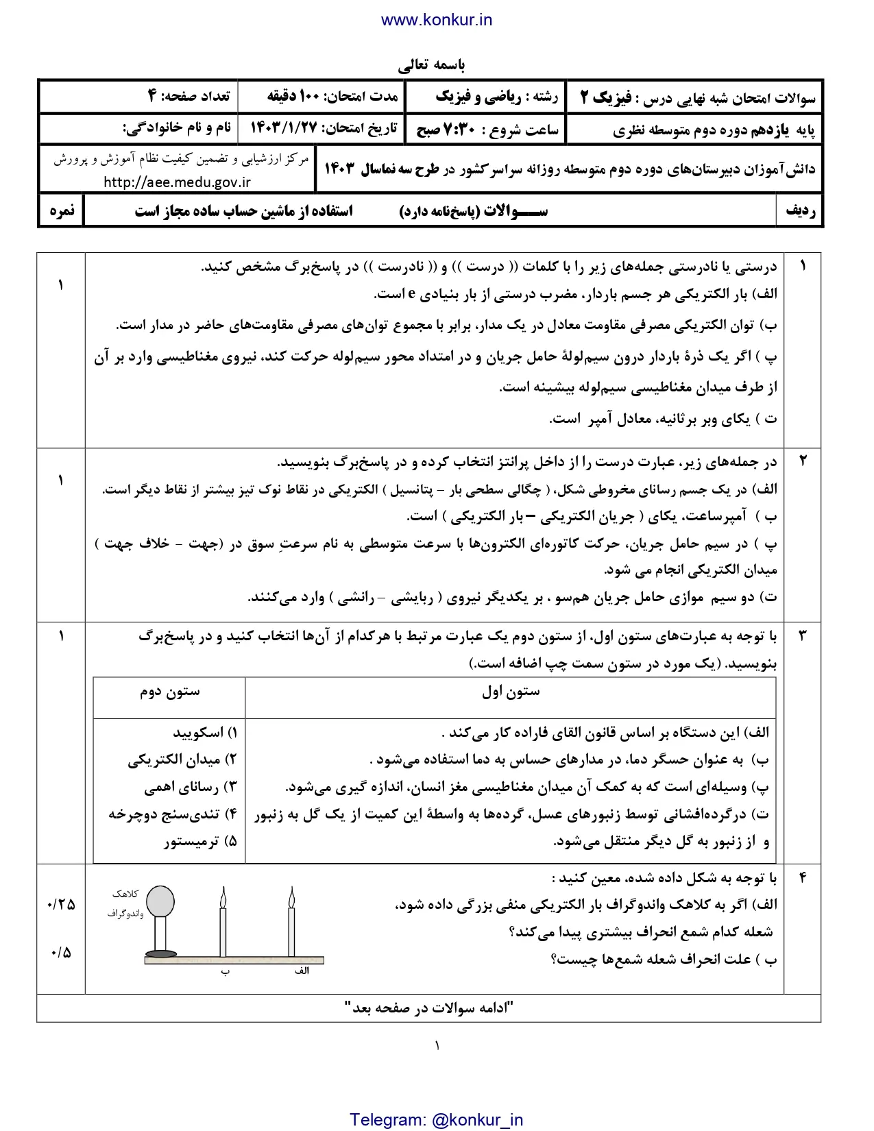 سوالات و پاسخنامه امتحان شبه نهایی پایه یازدهم فیزیک ۲ ریاضی (نوبت صبح) 