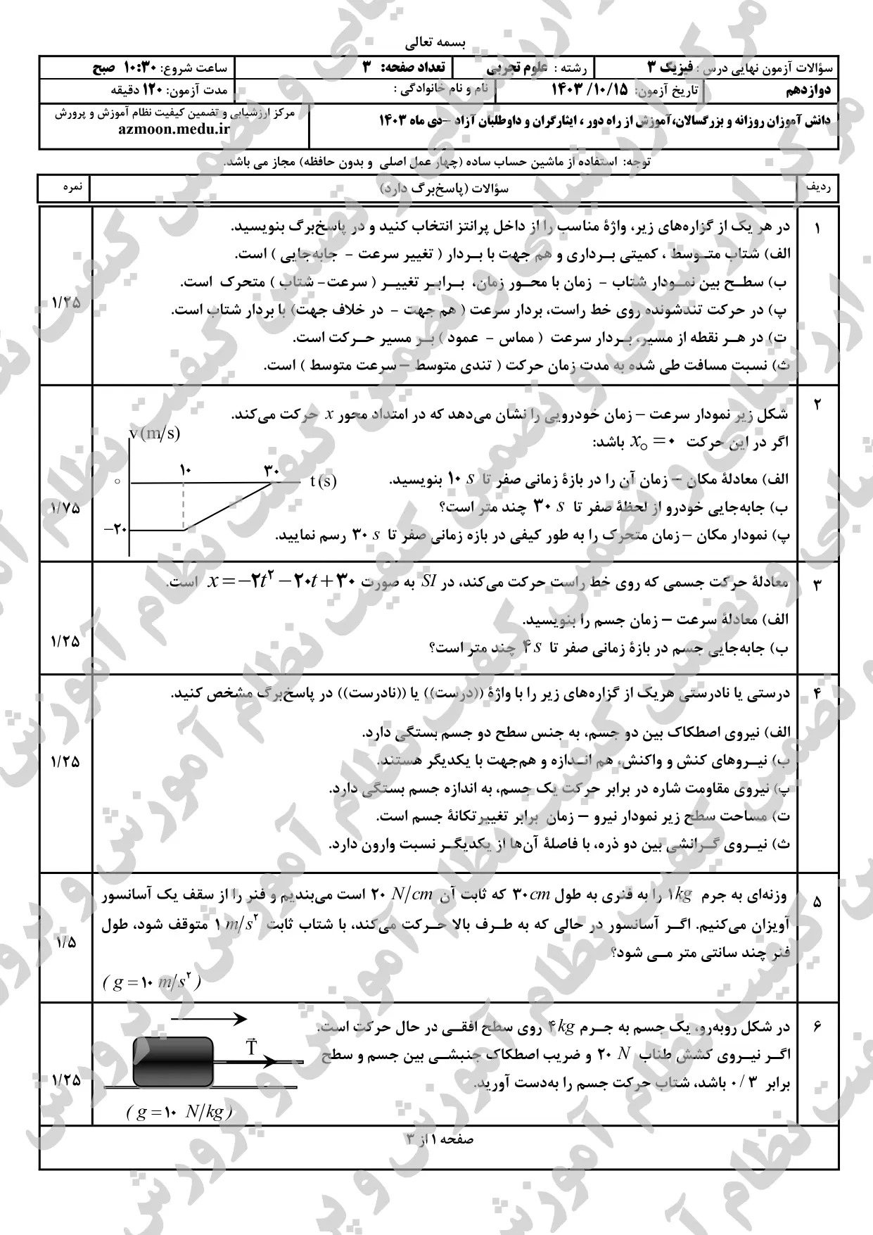 سوالات امتحان نهایی فیزیک تجربی دوازدهم دی ماه ۱۴۰۳ + پاسخنامه