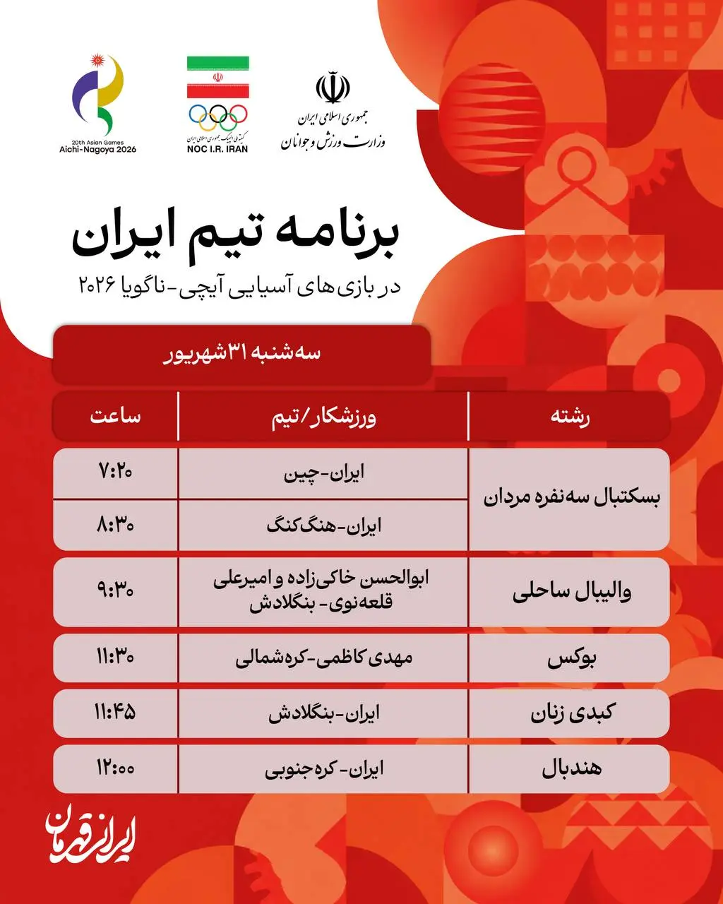 برنامه روز سوم نمایندگان ایران در بازی های آسیایی ناگویا