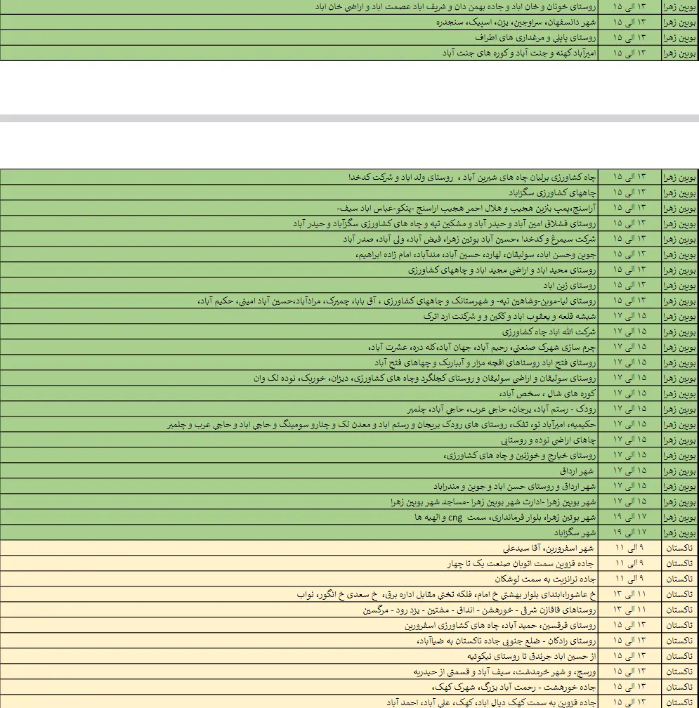 برق مناطق مختلف قزوین در 29 اردیبهشت چه زمانی قطع می‌شود؟