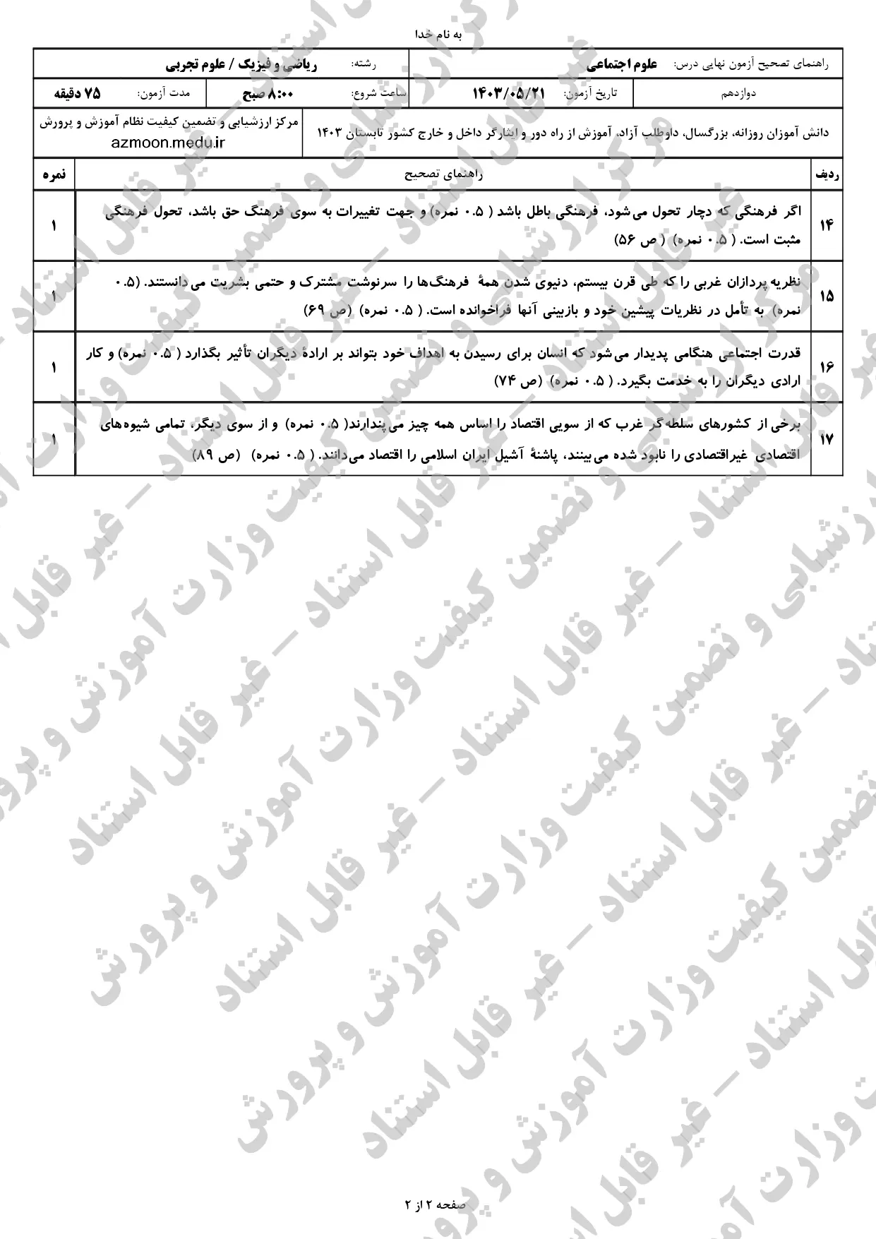 سوالات امتحان نهایی علوم اجتماعی دوازدهم مرداد شهریور ۱۴۰۳ + پاسخنامه 