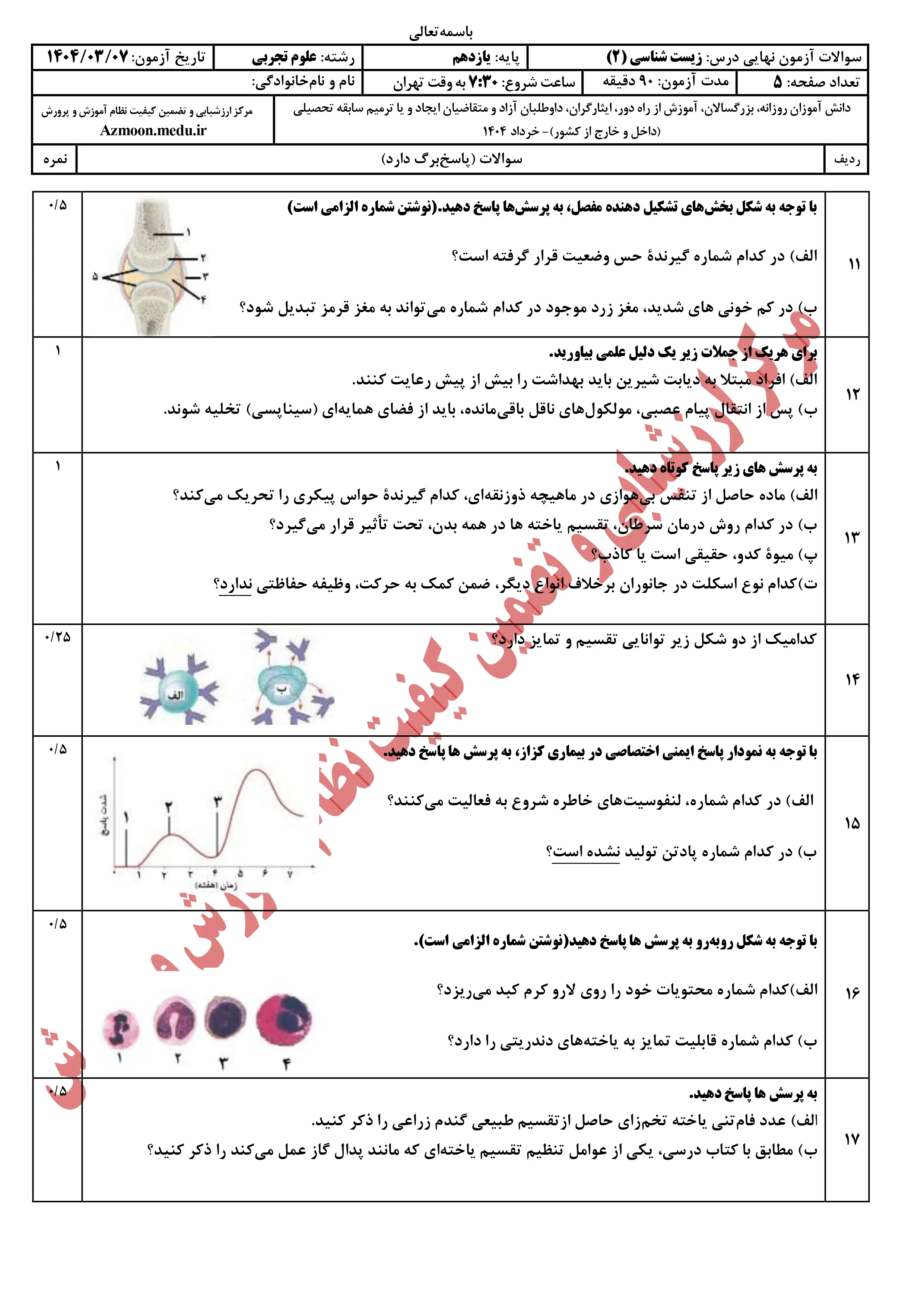 سوالات امتحان نهایی زیست شناسی یازدهم خرداد ۱۴۰۴ + پاسخنامه 