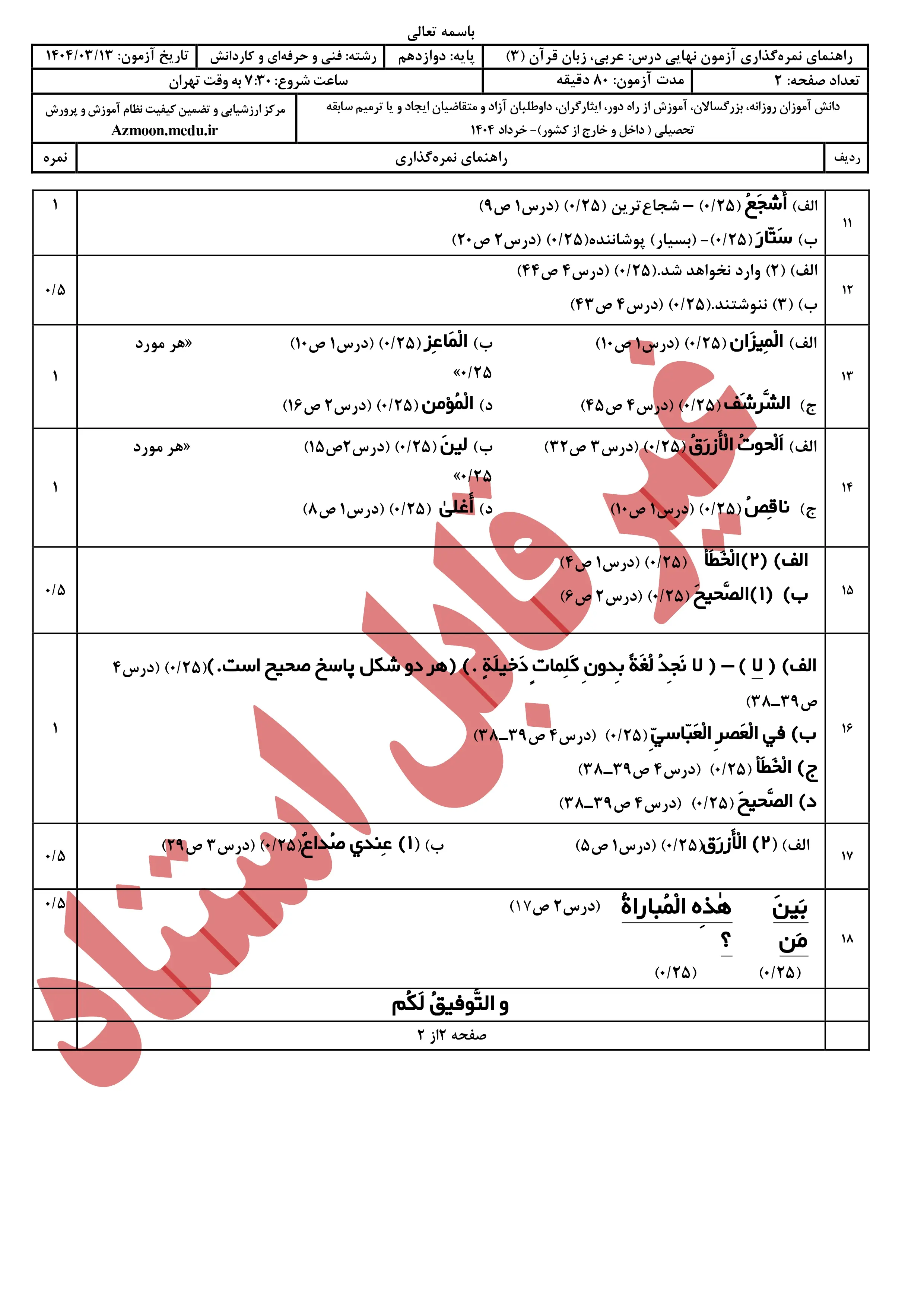 سوالات امتحان نهایی عربی دوازدهم خرداد ۱۴۰۴ + پاسخنامه (فنی حرفه ای و کار و دانش)