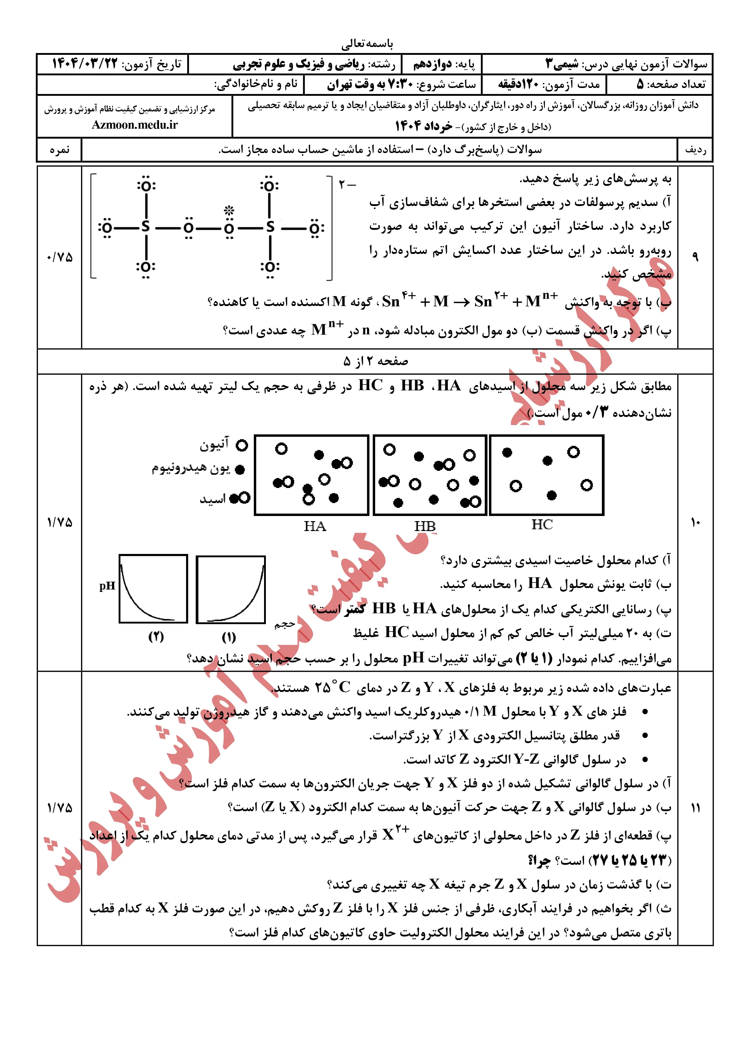 سوالات امتحان نهایی شیمی دوازدهم خرداد ۱۴۰۴ + پاسخنامه