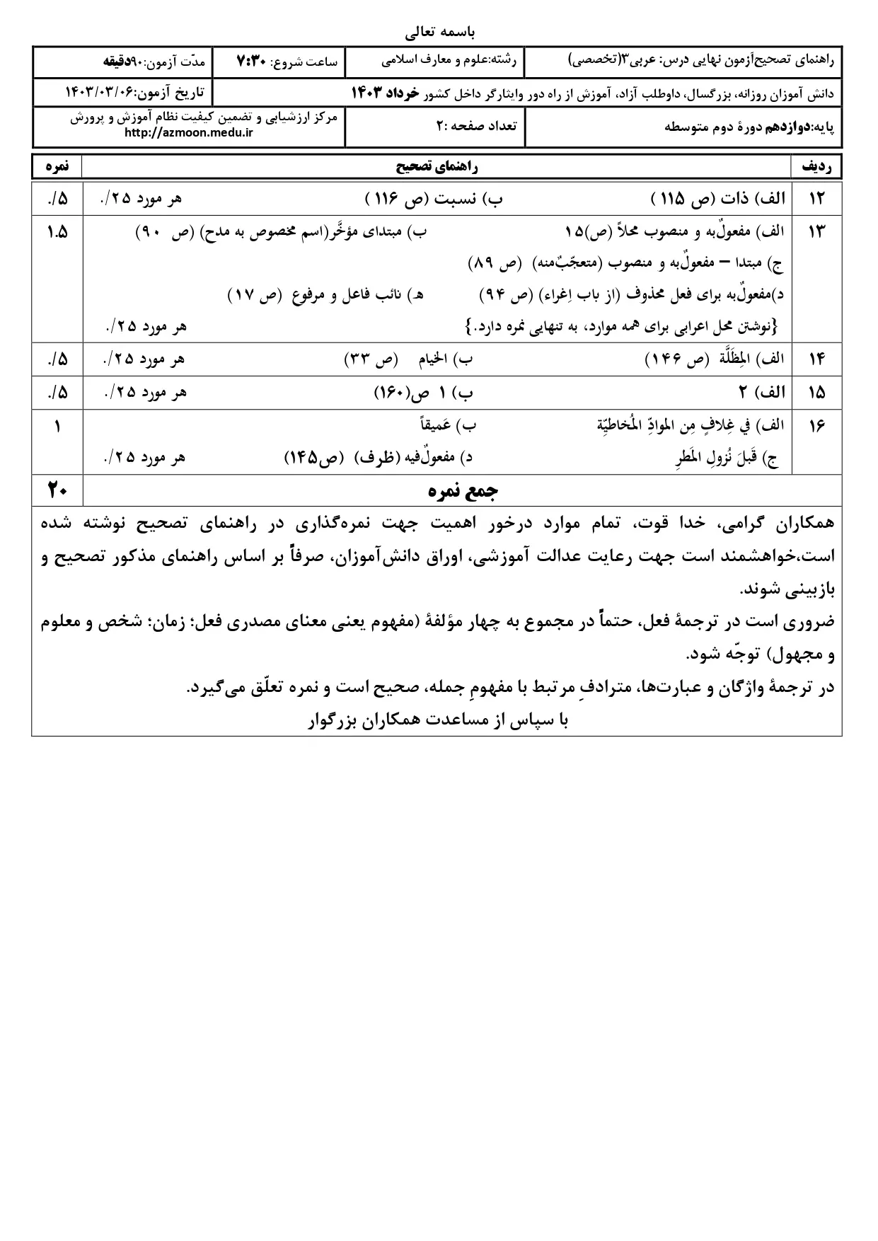 پاسخنامه تشریحی امتحان نهایی عربی دوازدهم معارف خرداد ۱۴۰۳ (معارف)
