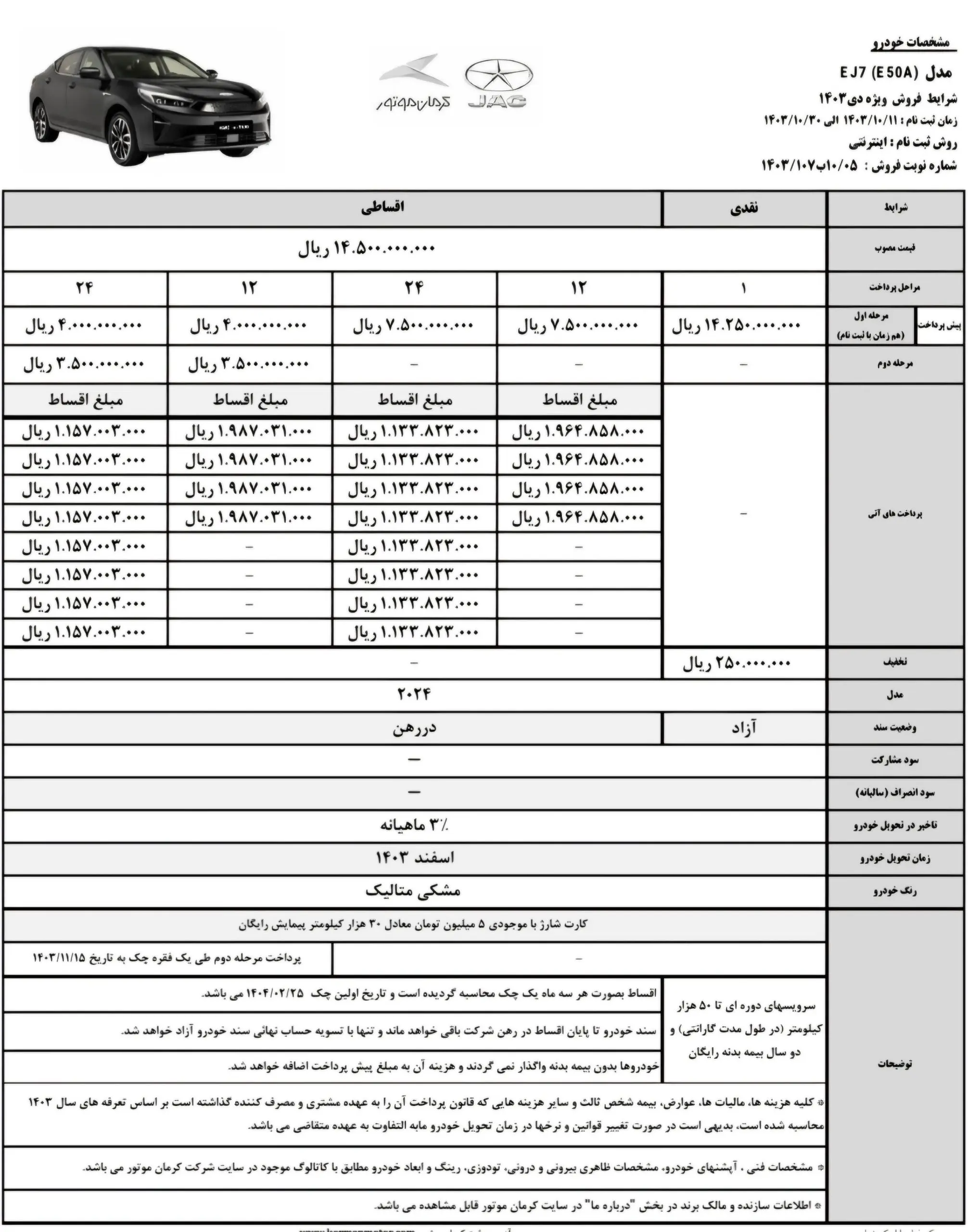 اعلام شرایط فروش خودروی EJ7 و EJ7+ کرمان موتور 