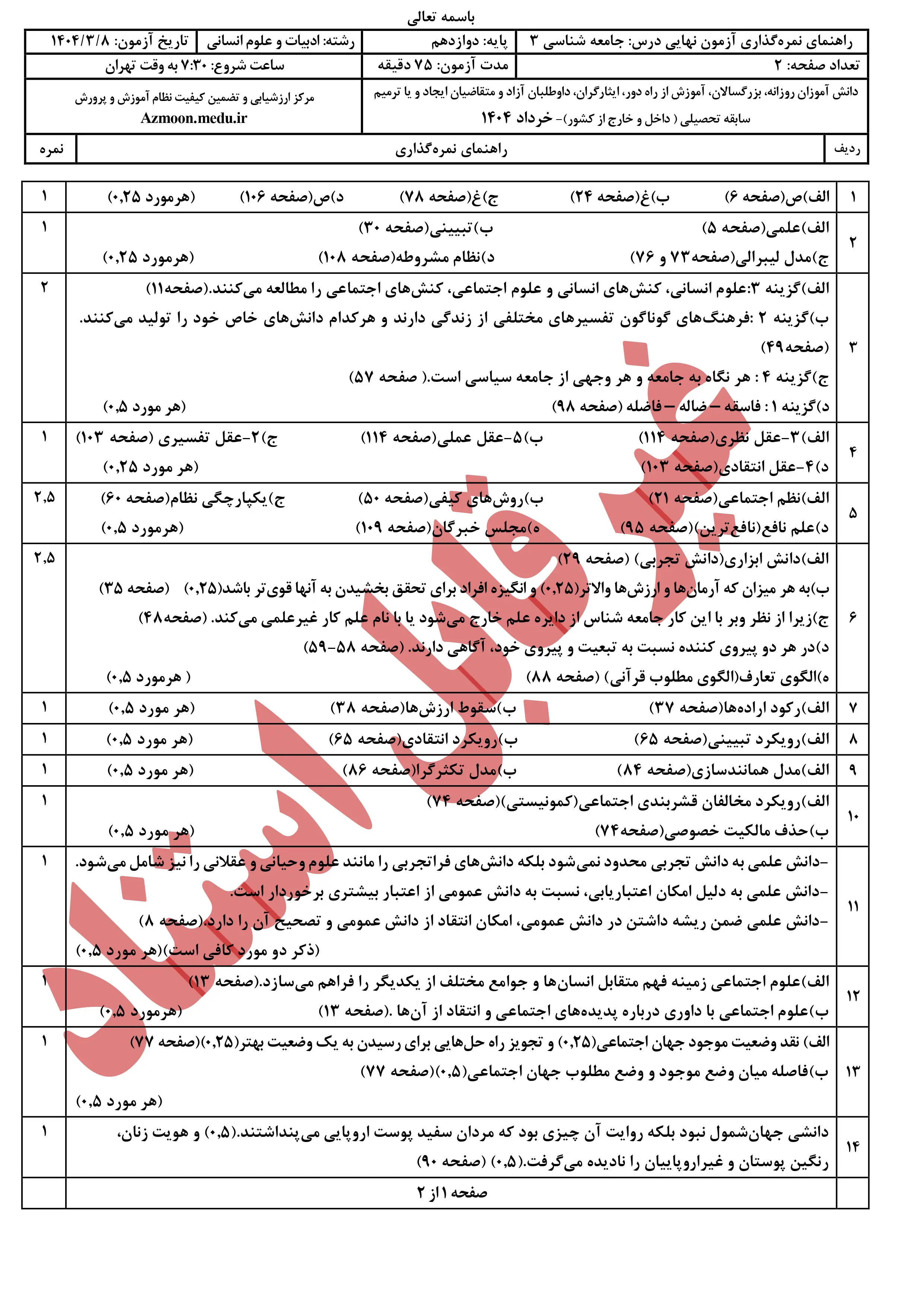 سوالات امتحان نهایی جامعه شناسی ۳ دوازدهم خرداد ۱۴۰۴ + پاسخنامه