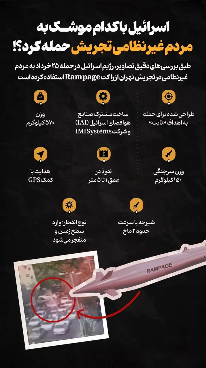 رژیم اسرائیل با چه موشکی به غیرنظامیان تجریش حمله کرد؟ + اینفوگرافیک