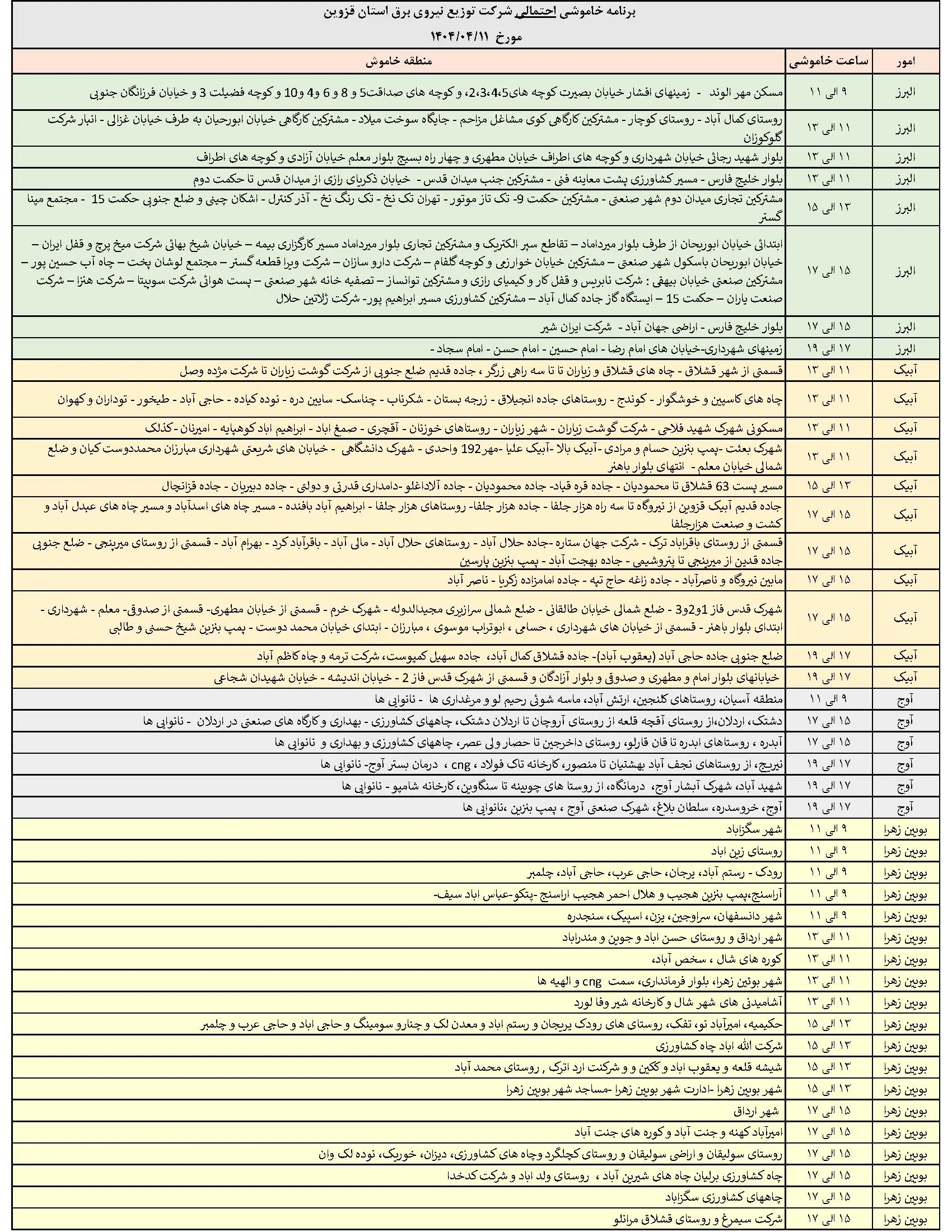 جدول خاموشی‌های برق قزوین در 11 تیر منتشر شد