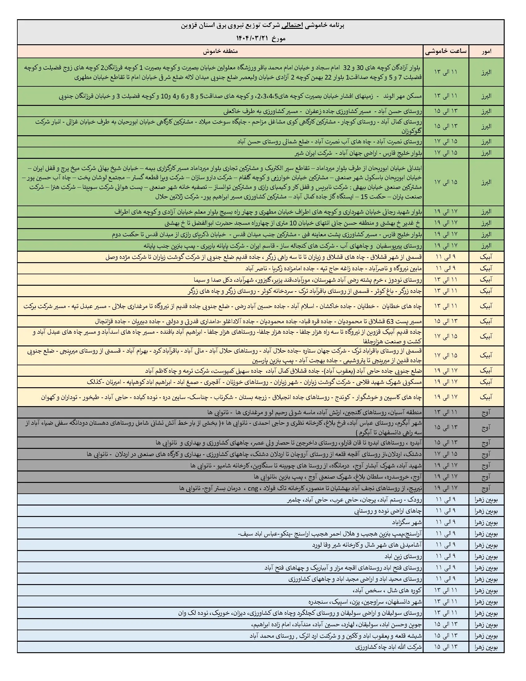 جدول خاموشی‌های برق قزوین در 21 خرداد منتشر شد