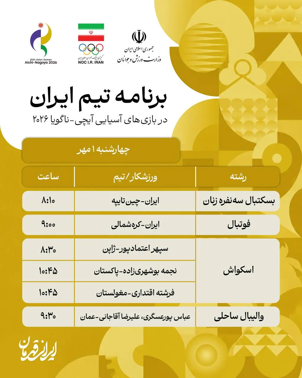 برنامه روز چهارم نمایندگان ایران در بازی های آسیایی ناگویا