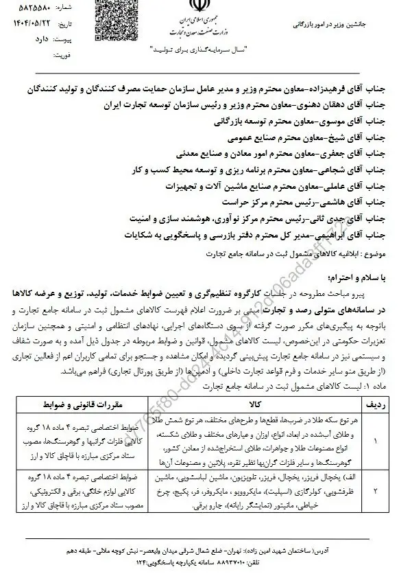 فهرست کالا‌های مشمول سامانه جامع تجارت منتشر شد